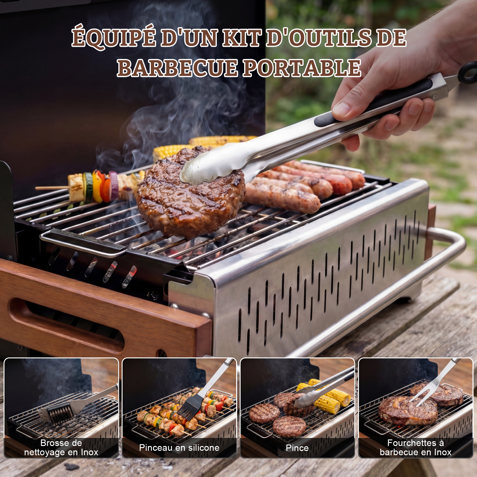 Un barbecue portable avec burgers, saucisses, maïs et brochettes. Accessoires montrés.