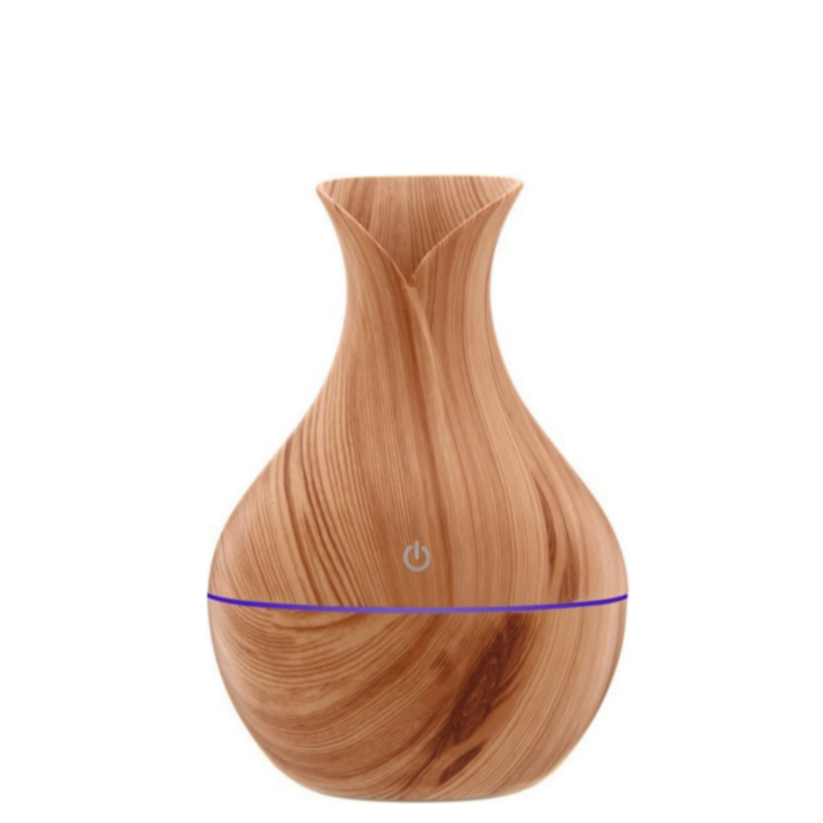 Ein holzmaserfarbener Diffusor mit einem Power-Symbol und einem blauen Streifen.