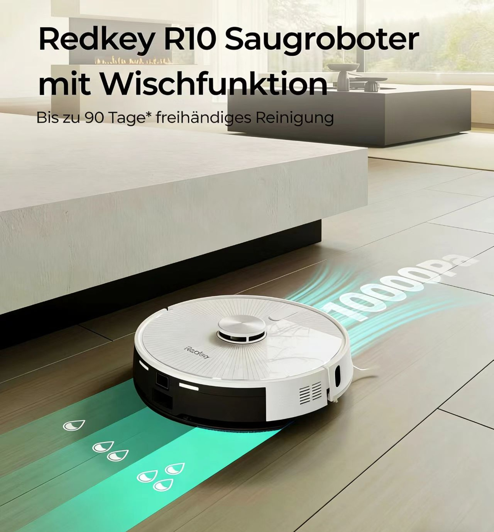 Ein weißer Saugroboter mit Wischfunktion auf einem hellen Boden.