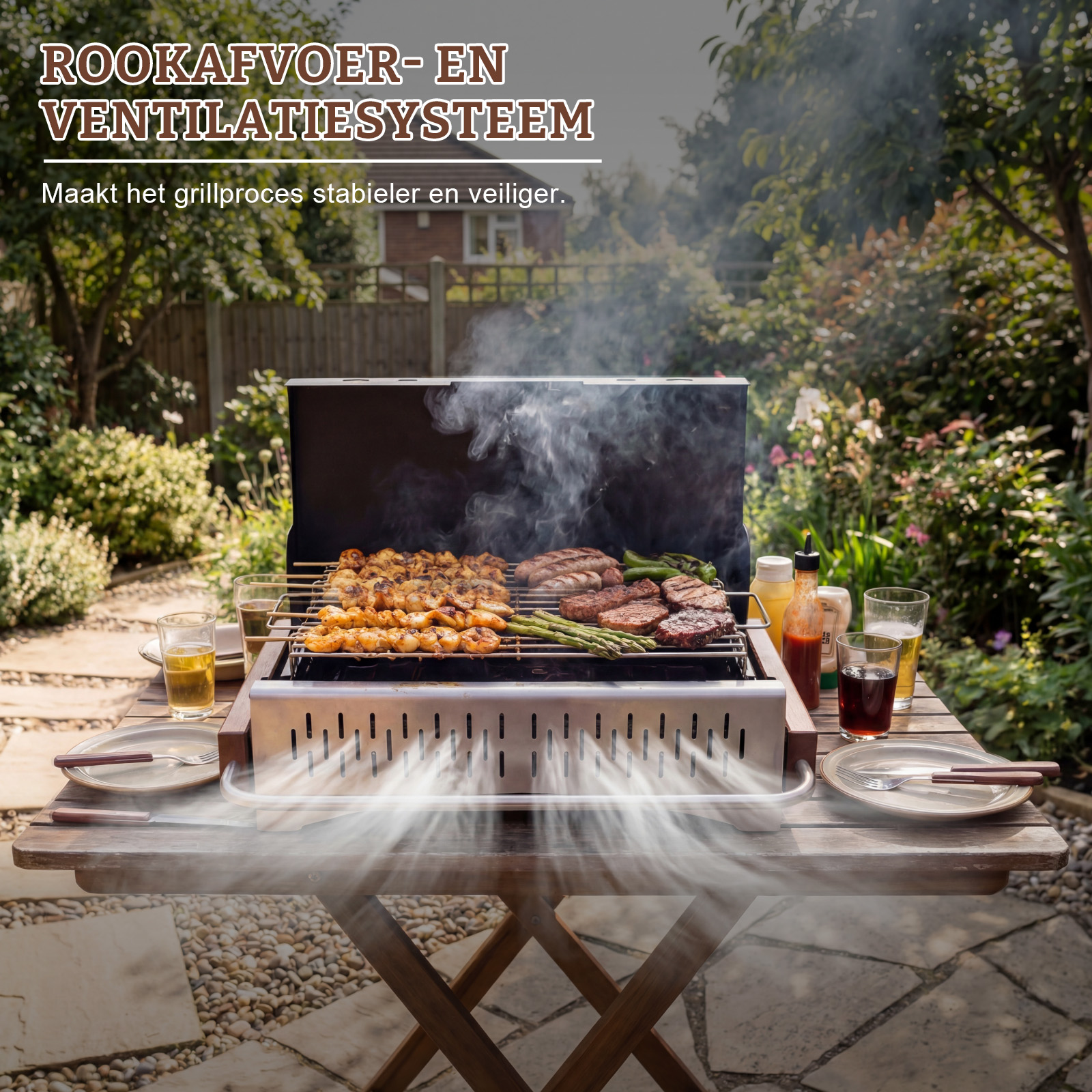 Grill met vlees en garnalen, omringd door groen en rook.