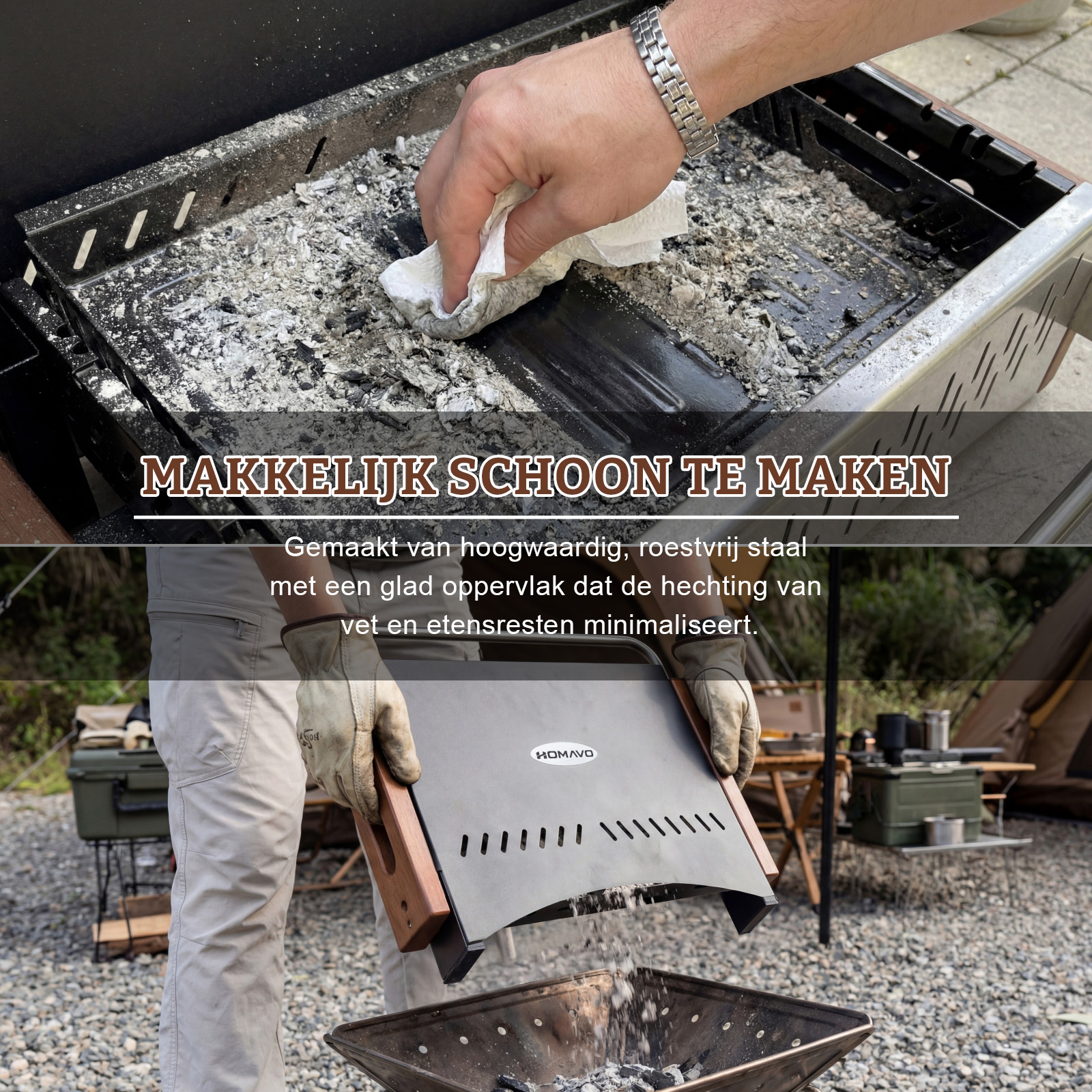 Hand maakt grill schoon met papier. Een man houdt grillplaat boven vuurkorf.