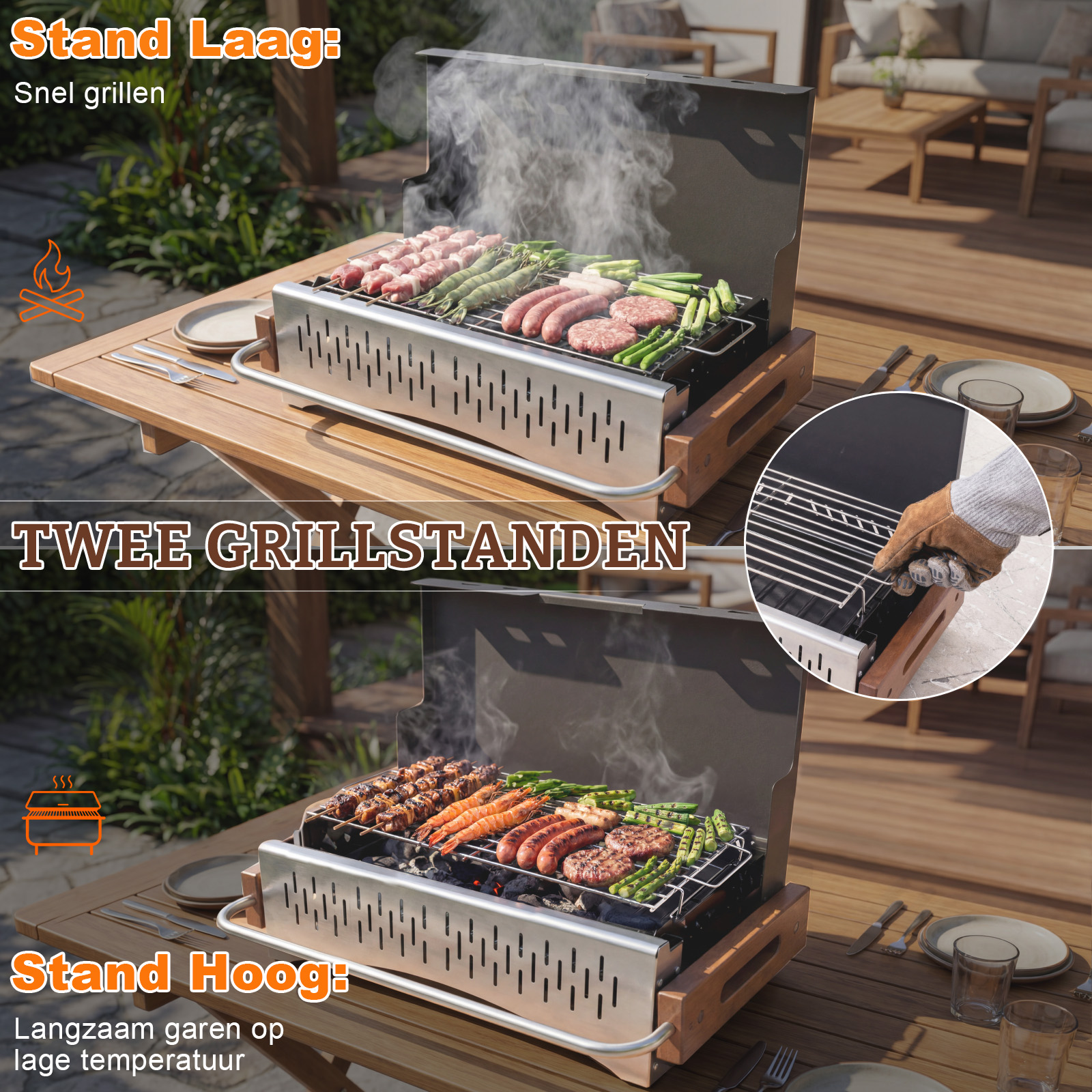 Een grill met vlees, garnalen en groenten in lage stand, stoom stijgt op.