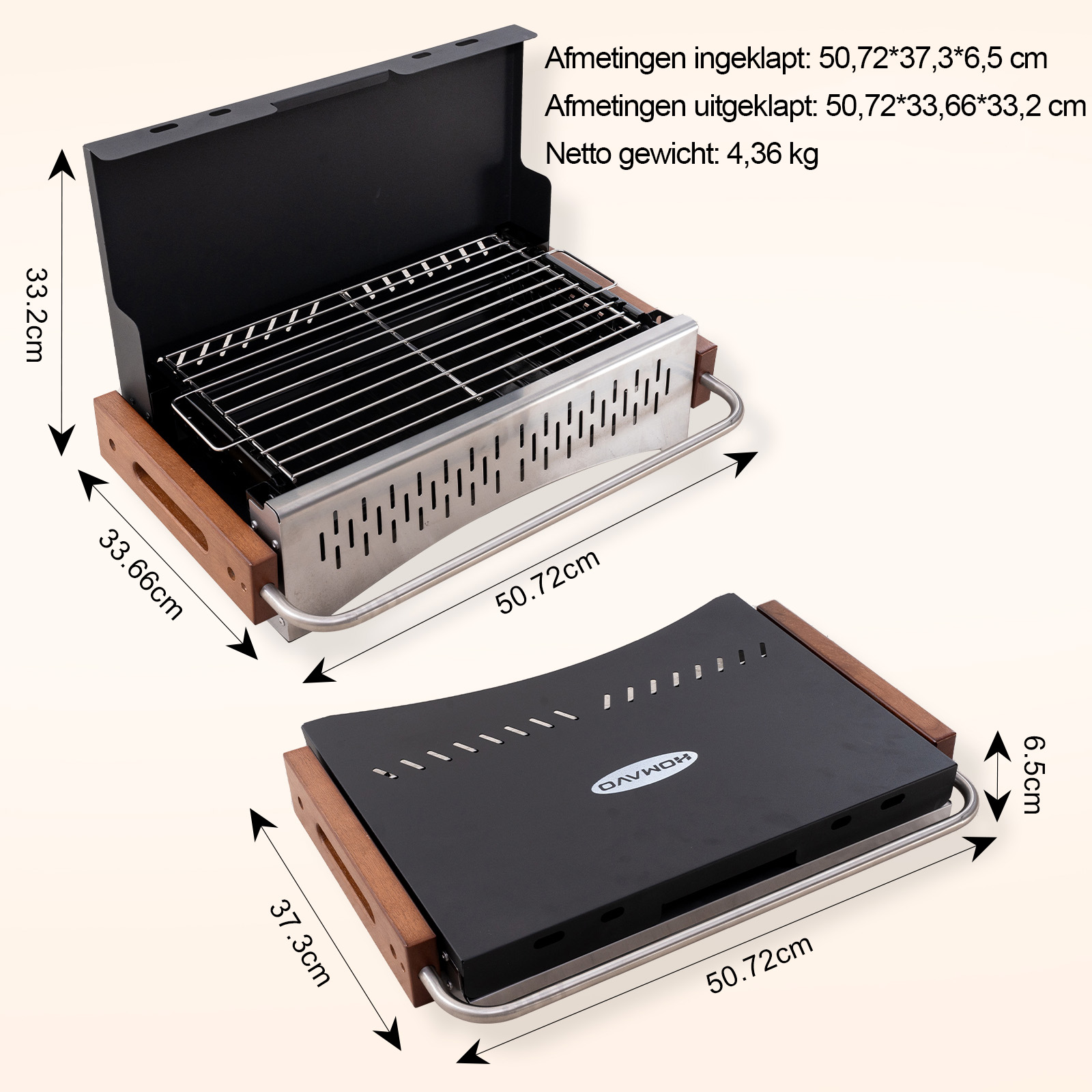 Een inklapbare grill met houten handvatten, afmetingen getoond.