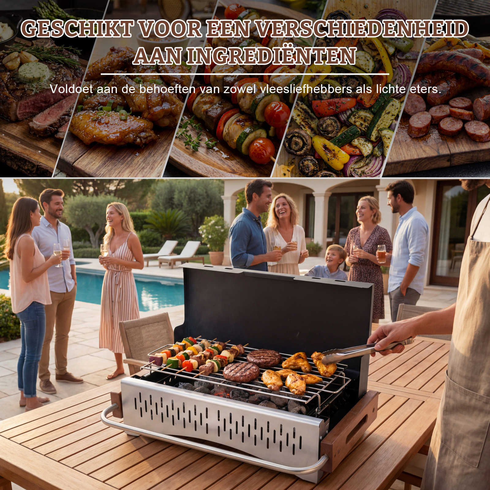 Familie aan het grillen bij het zwembad. Verschillende vlees- en groentespiesen.