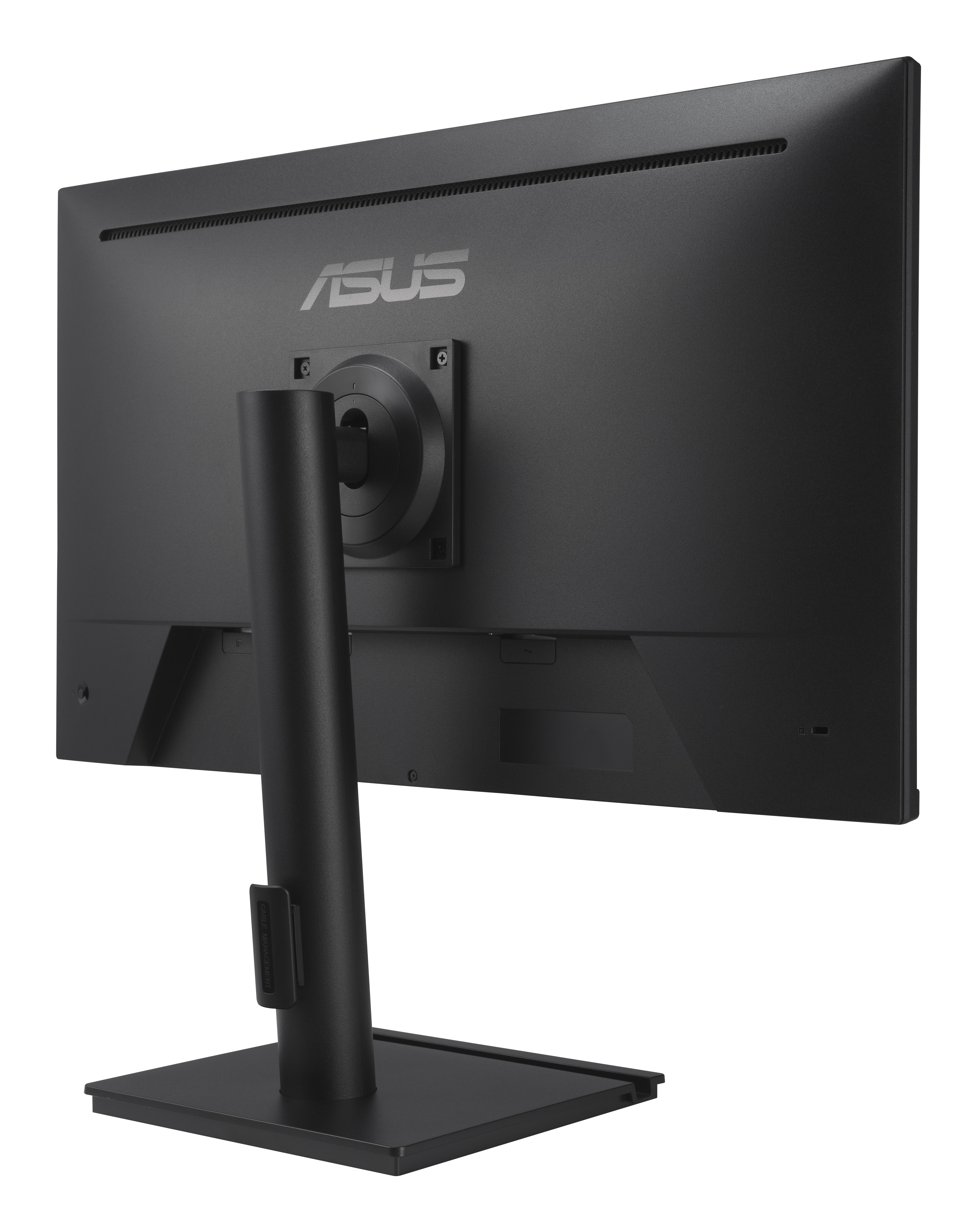 Rückseite eines schwarzen Asus Monitors mit Standfuß und Kabelmanagement.
