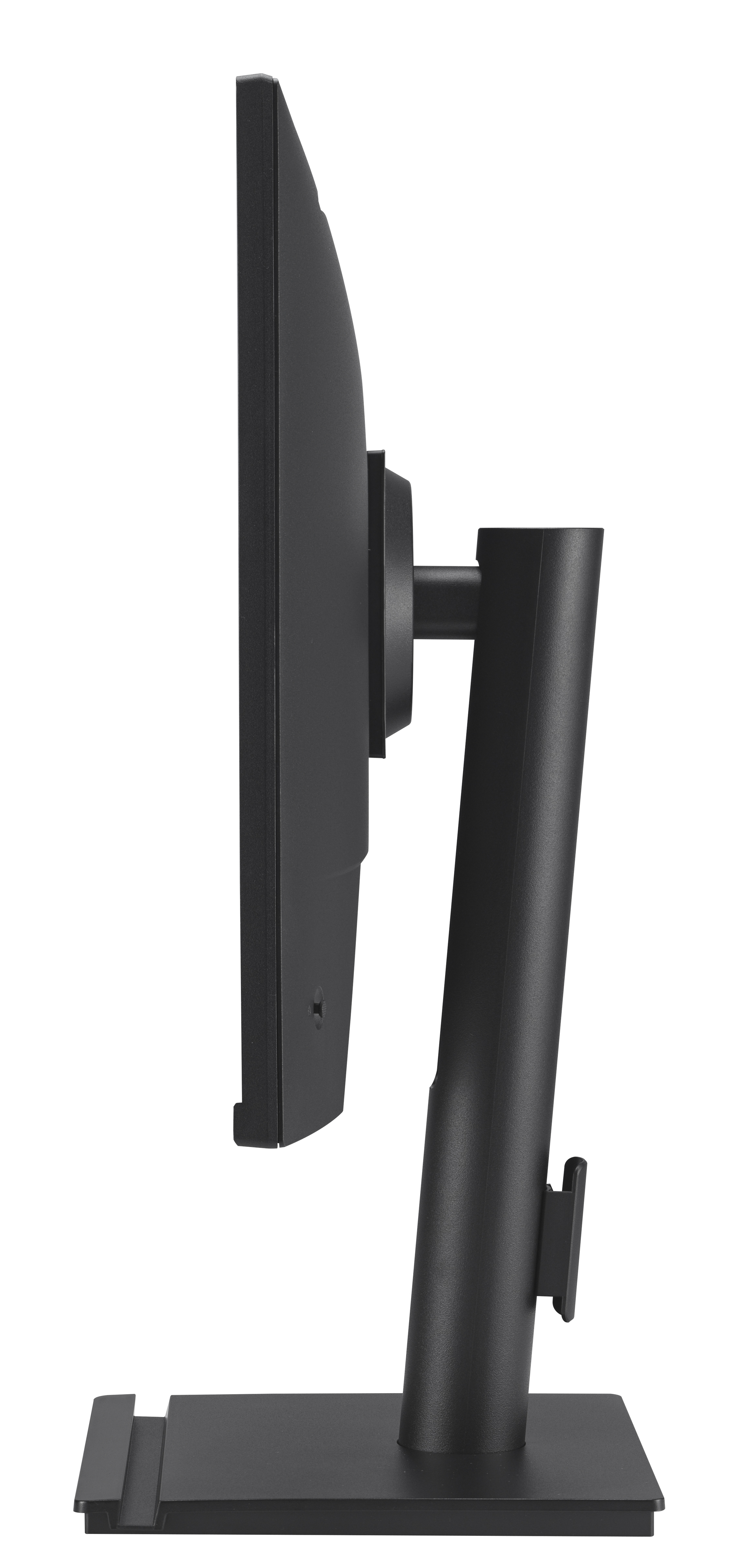 Czarny monitor w profilu, ze stojakiem i białym tłem.
