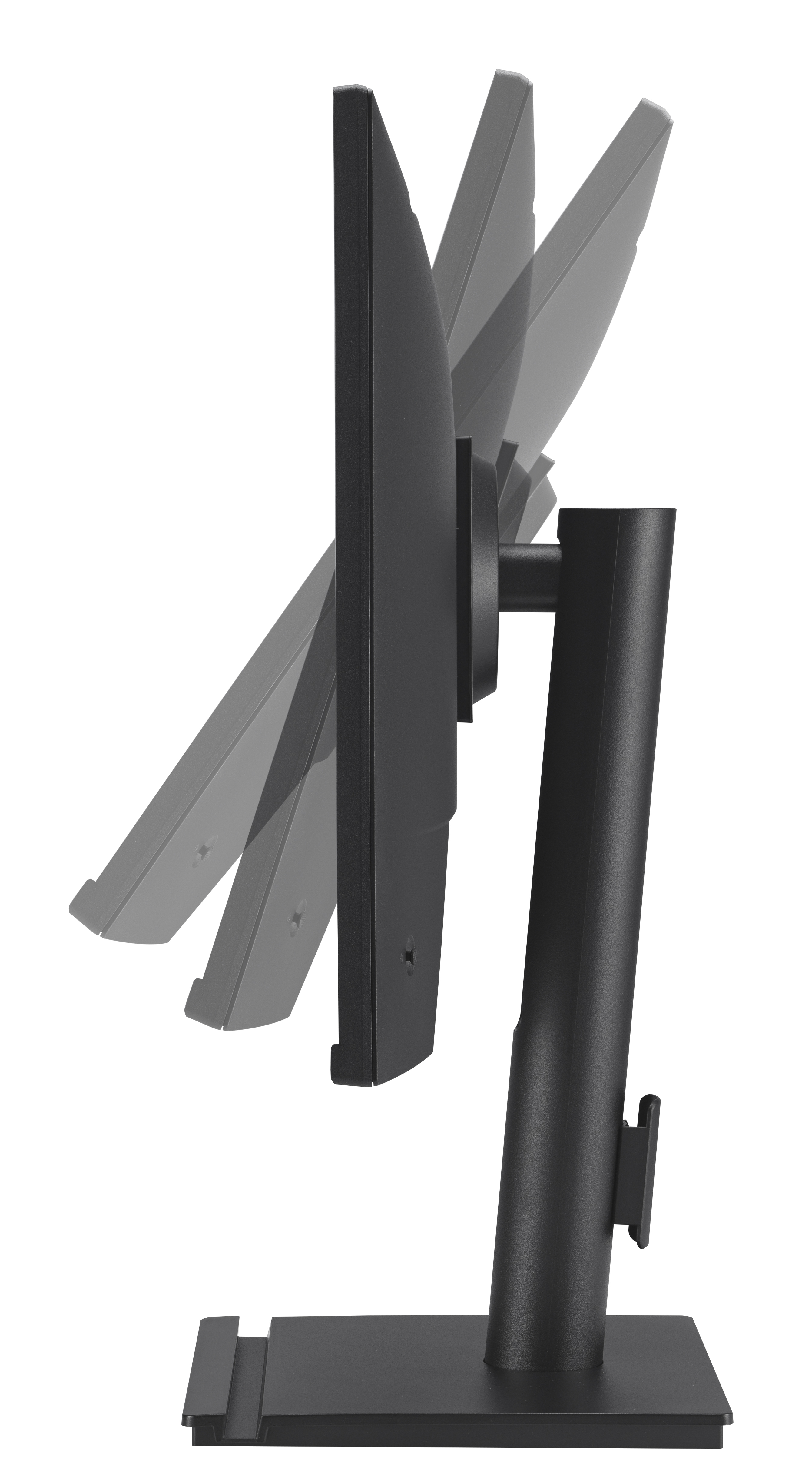 Czarny monitor komputerowy na stojaku, widok z boku pokazujący regulowane kąty.