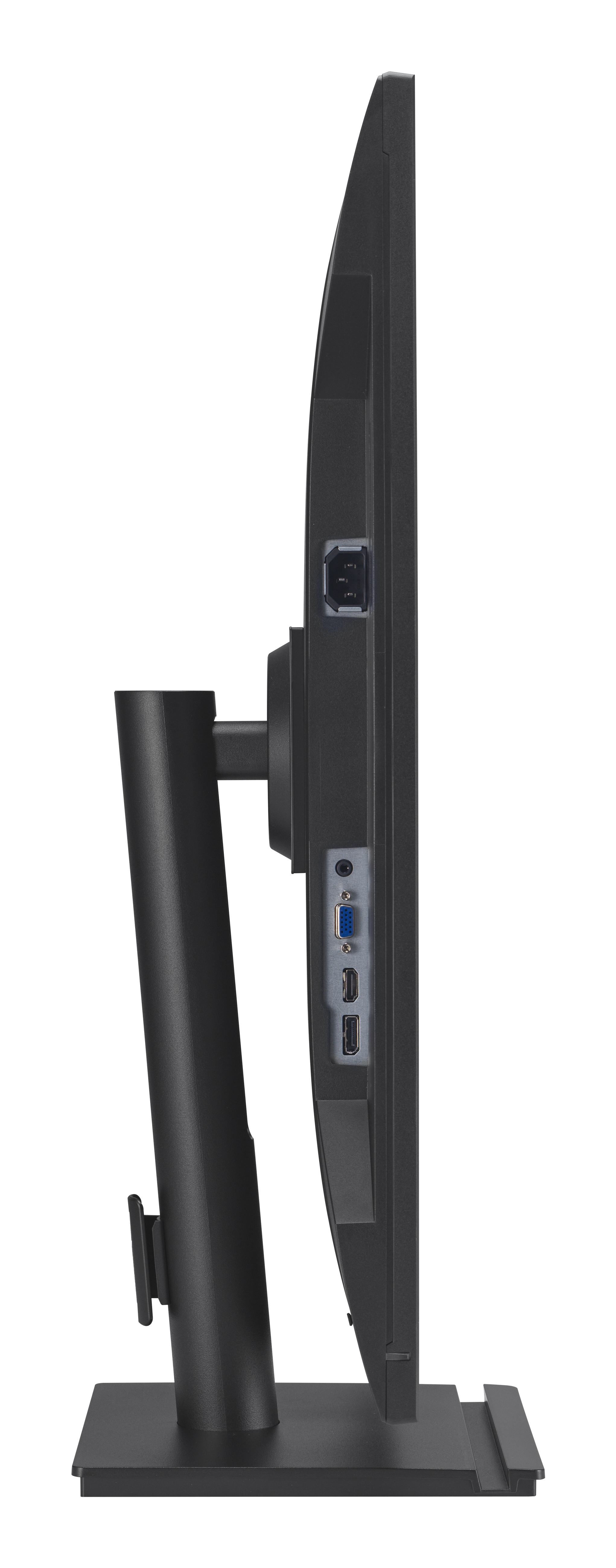 Widok z boku czarnego monitora pokazujący porty i podstawkę.