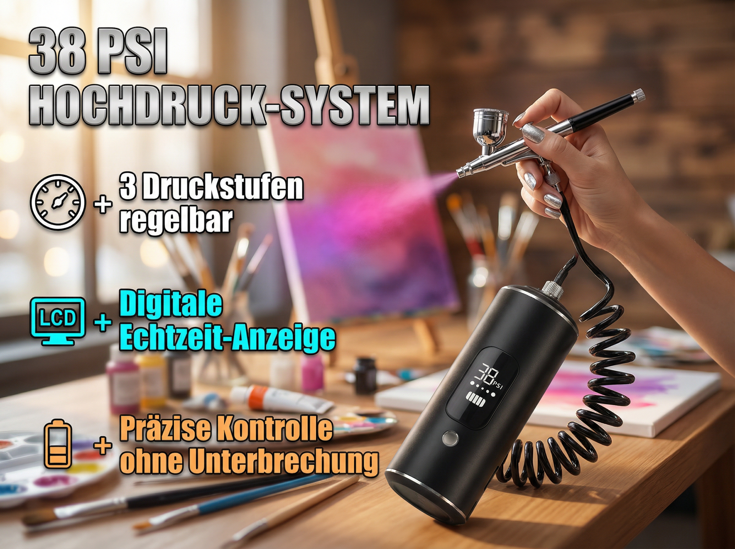 Airbrush mit 38 PSI Hochdrucksystem, 3 Druckstufen, LCD-Anzeige.