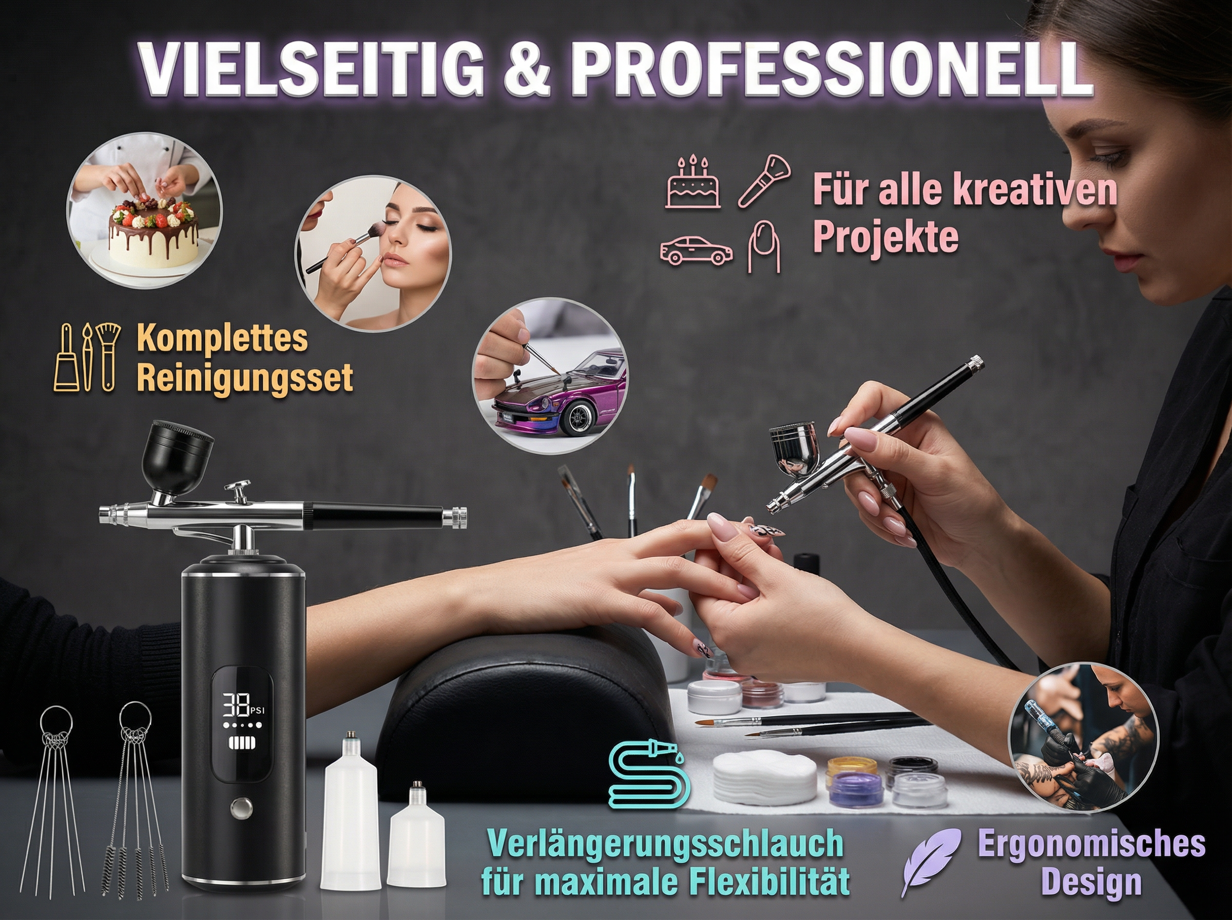 Airbrush-Set mit Werkzeugen für Kuchen, Make-up, Autos und Nägel.