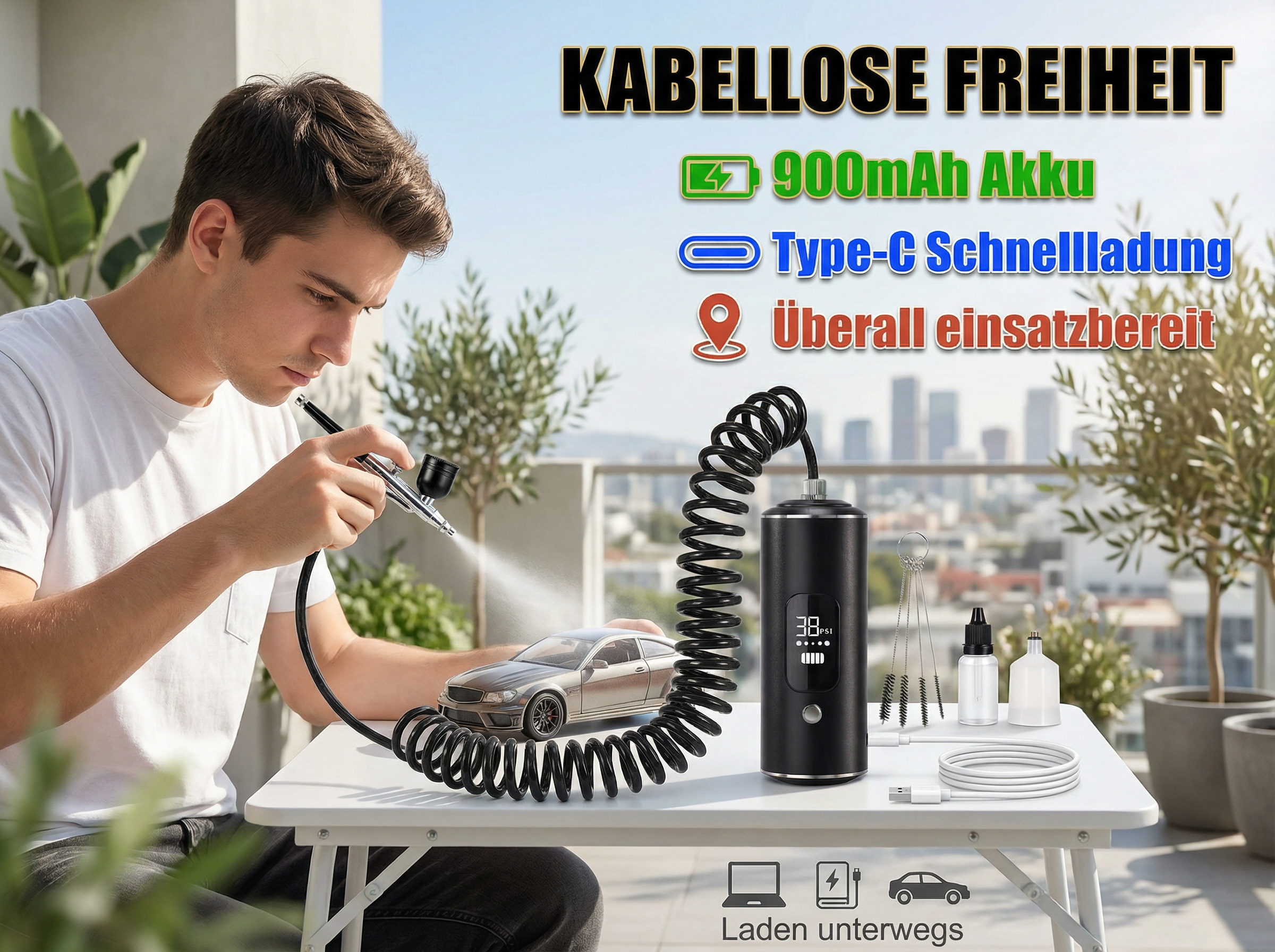 Mann sprüht mit Airbrush ein Modellauto. Tragbarer Kompressor daneben.