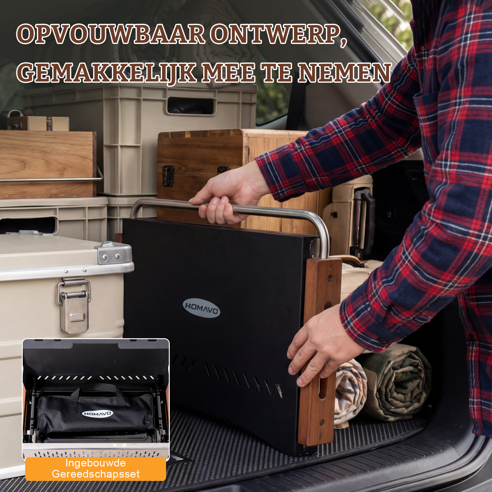 Person loading a black HOMAVO grill with wooden handles into a car. Boxes in background.