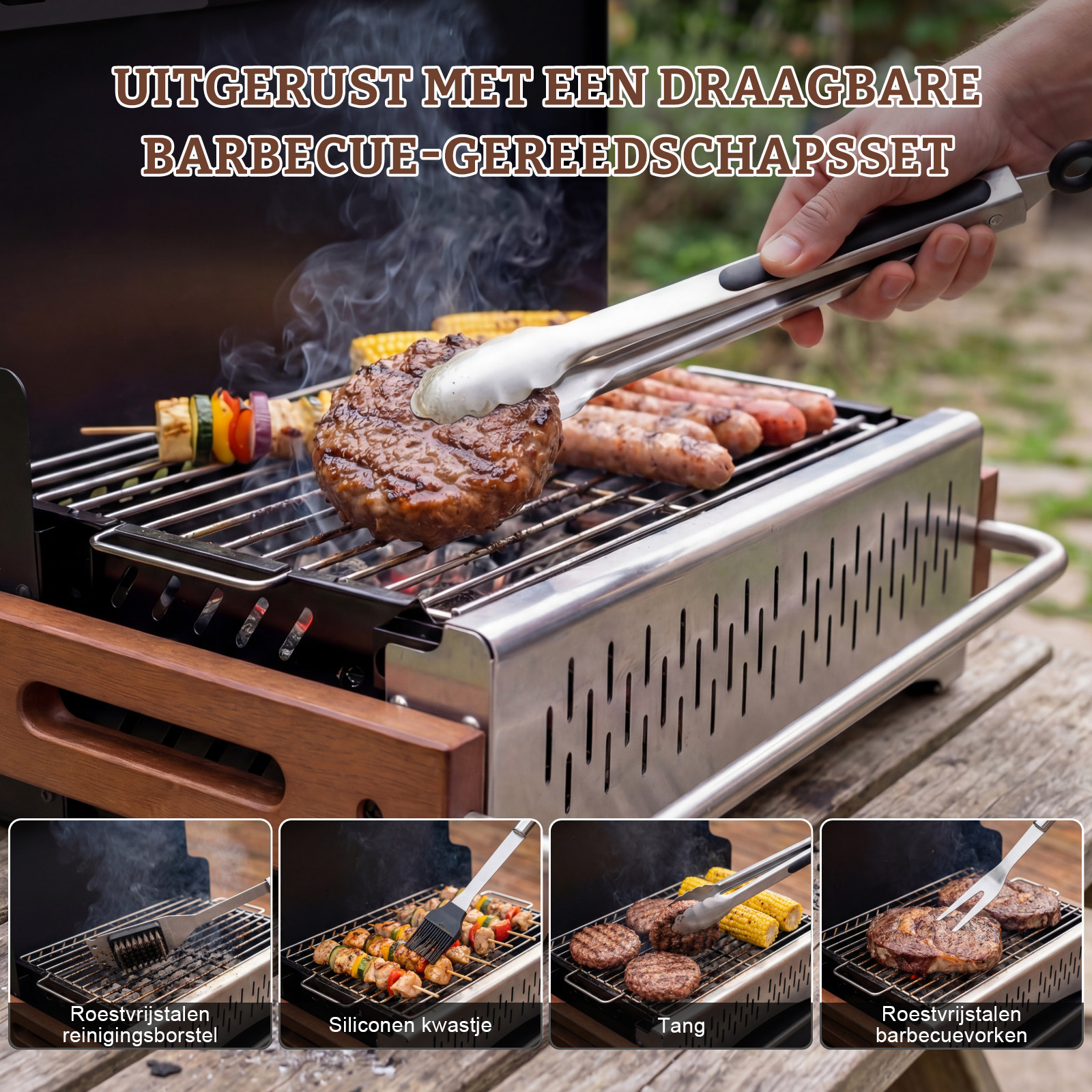 A portable barbecue set featuring burgers, sausages, and corn on the grill.