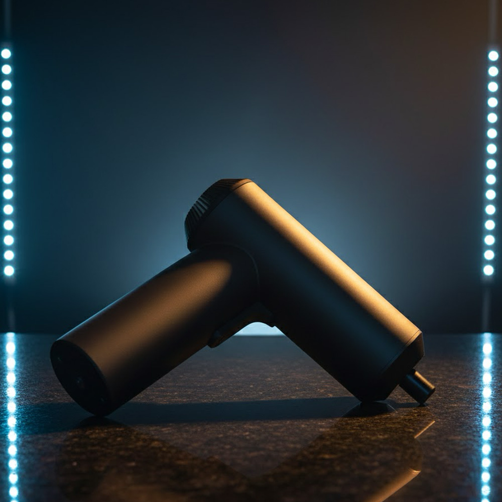 Un pistolet de massage noir repose sur une surface sombre, éclairé par des lumières bleues.