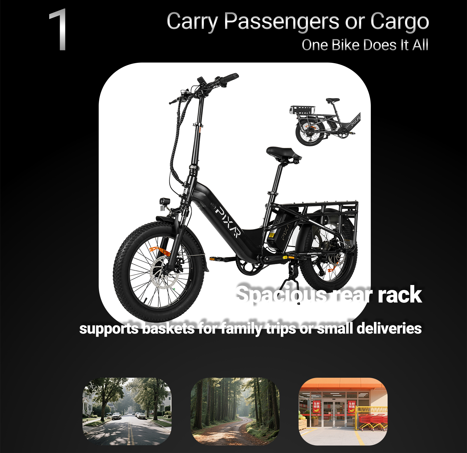 Bicicleta eléctrica negra con neumáticos anchos, portabultos y texto.