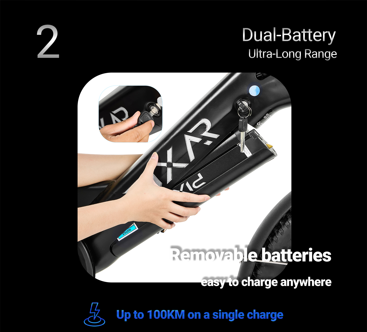 Batería extraíble con llave siendo insertada. "Batería doble".