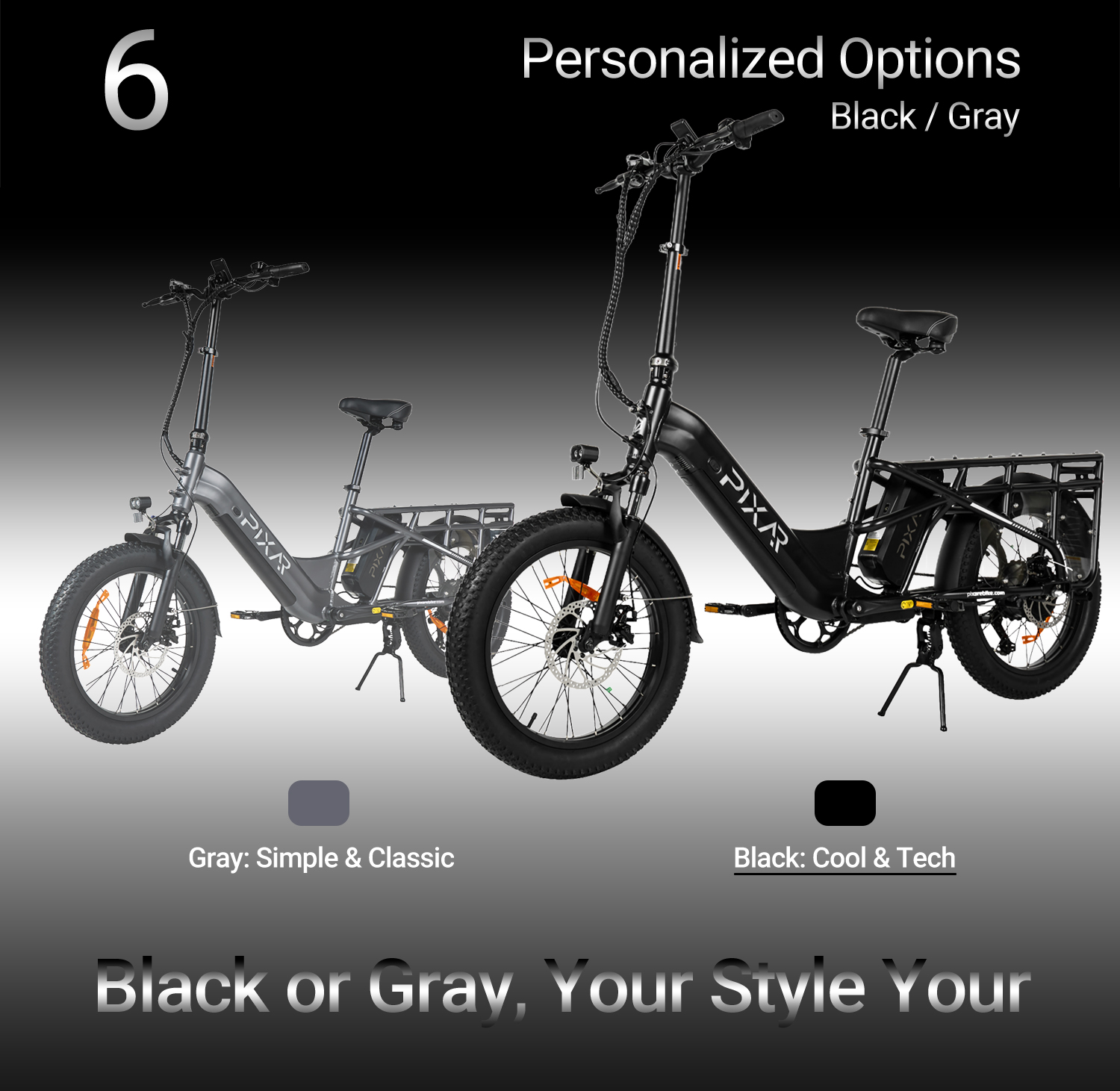 Dos bicicletas eléctricas, una gris y otra negra, con portaequipajes.