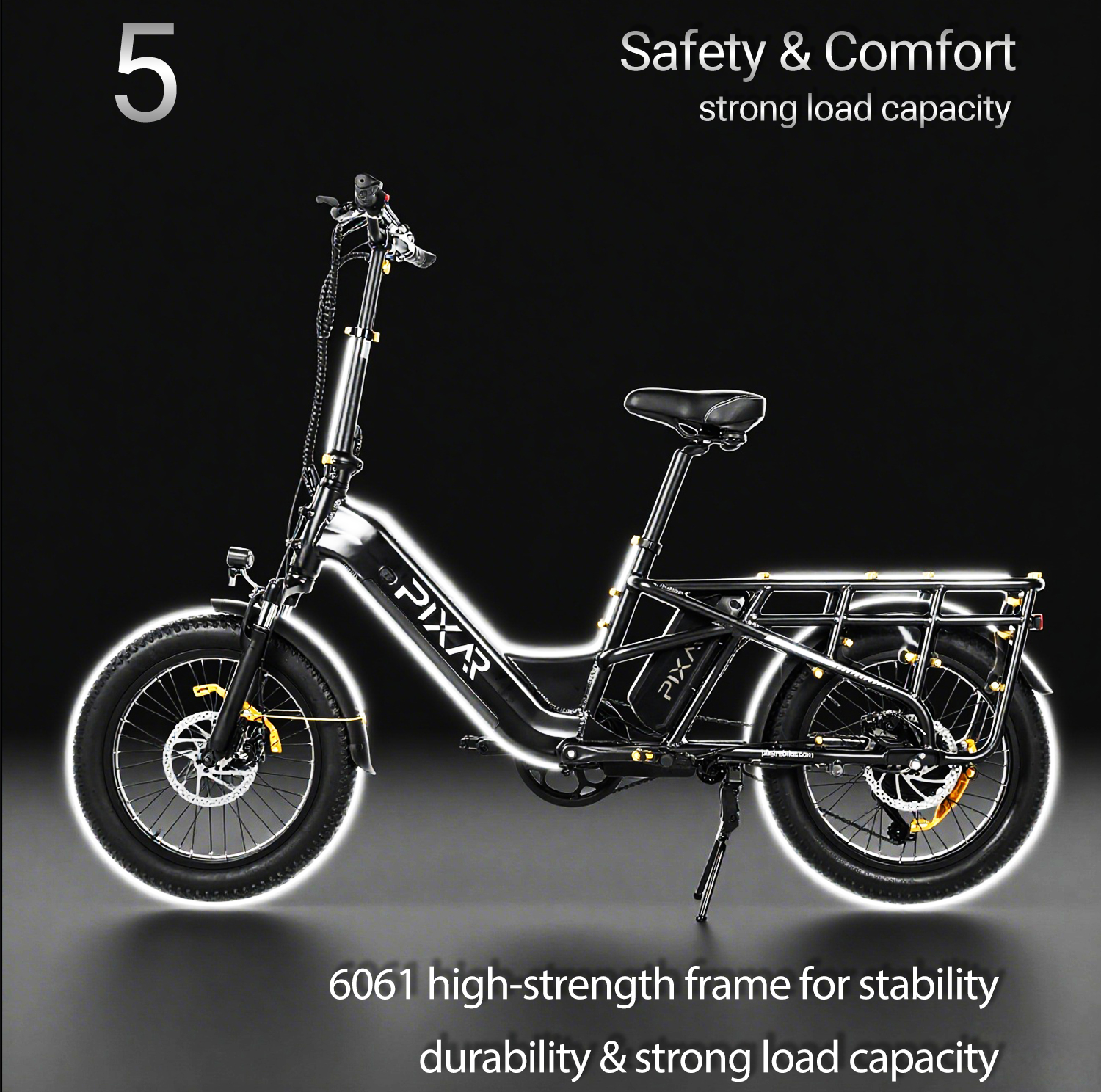 Bicicleta eléctrica negra con cuadro 6061, llantas anchas y portaequipajes.