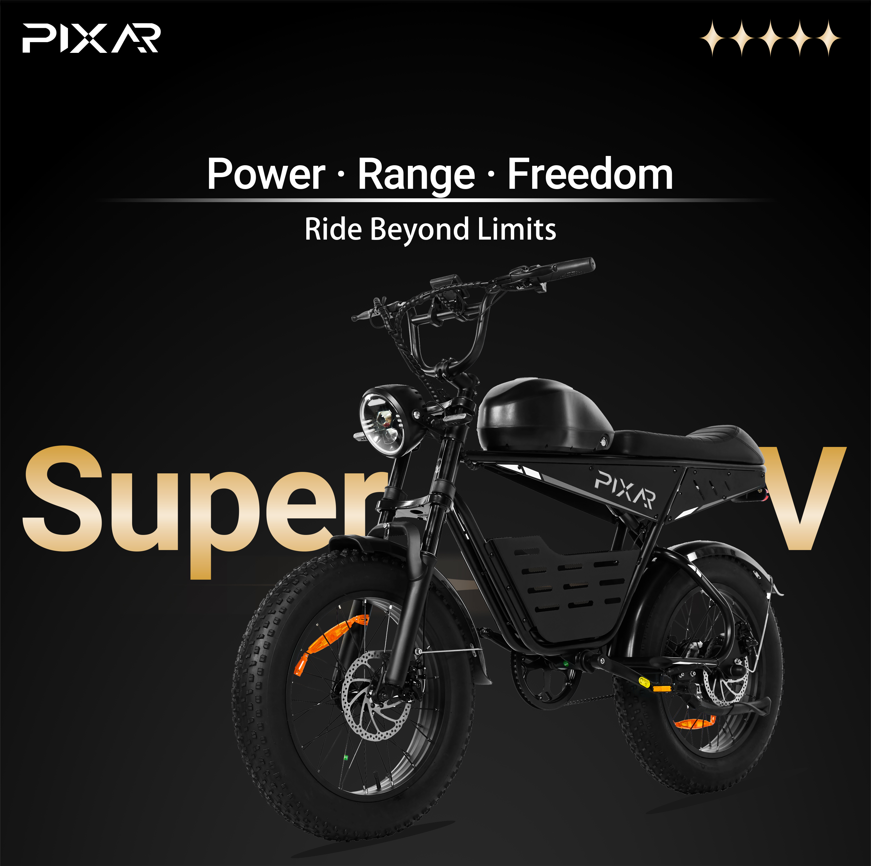 Una bicicleta eléctrica PIXAR Super V negra con neumáticos anchos y diseño retro.