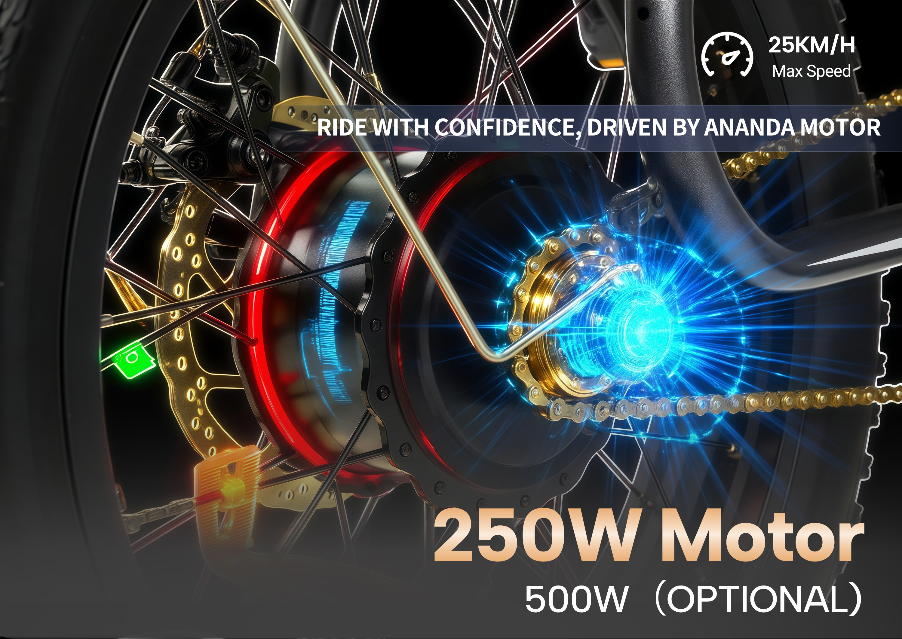 Primer plano del motor de bicicleta con luces azules y rojas. Motor de 250W.