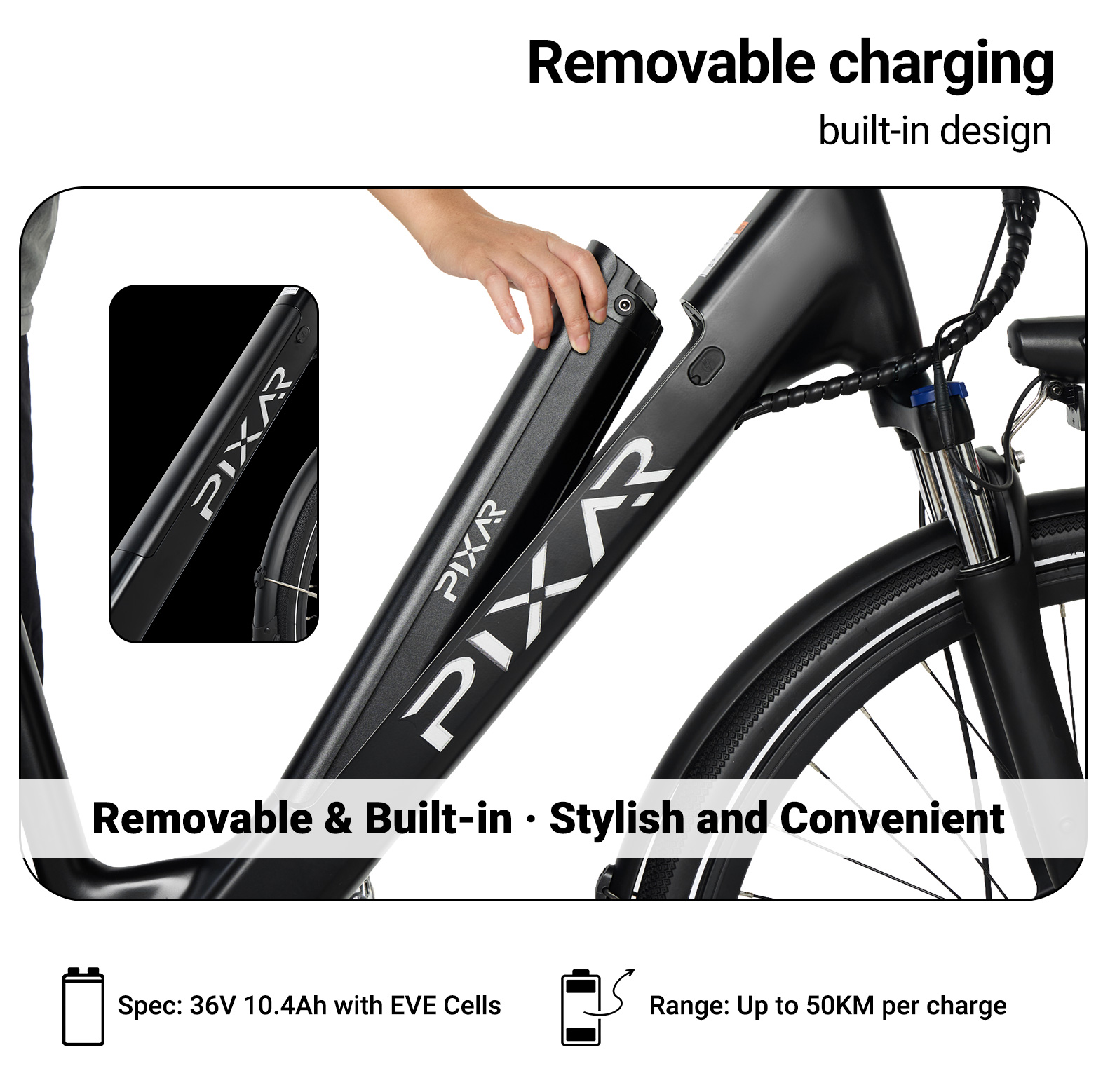 Una mano extrae una batería negra PIXAR del cuadro de una e-bike.