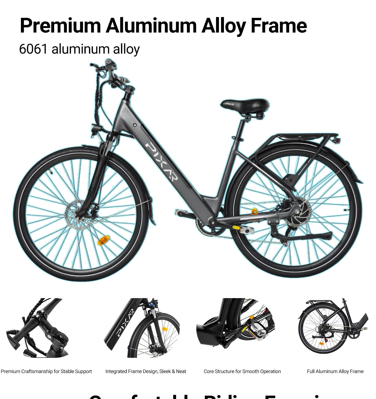 Bicicleta gris con radios plateados, asiento negro y marco de aluminio.