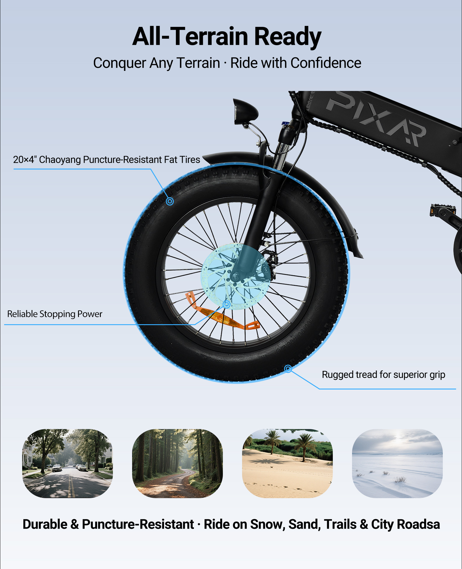 Una e-bike con neumáticos anchos, frenos de disco y varios terrenos.