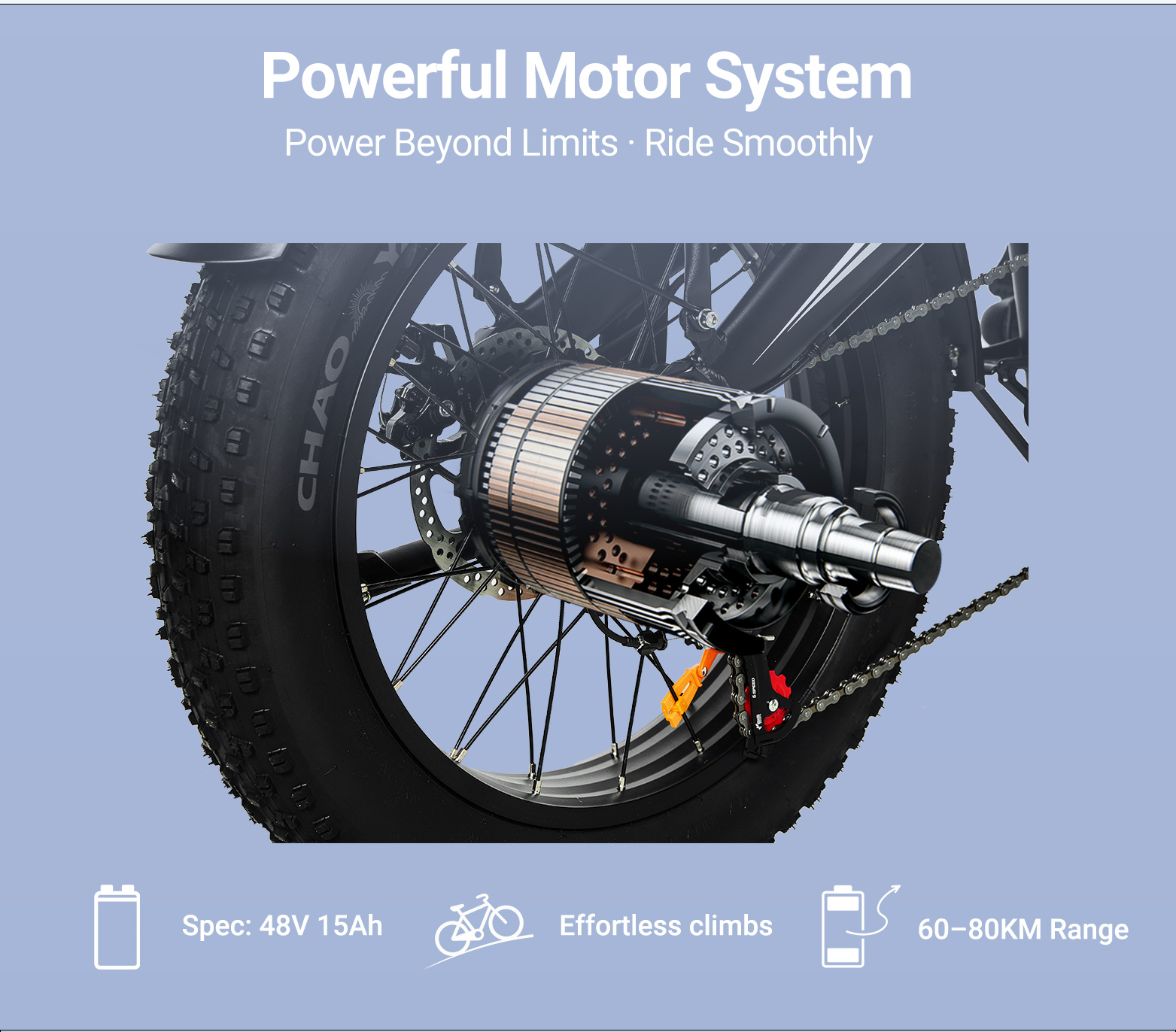 Primer plano del motor y rueda de bicicleta eléctrica con especificaciones.