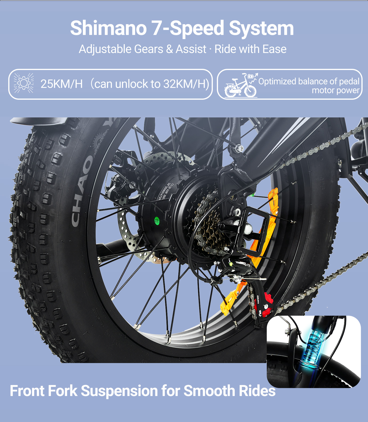 Primer plano de la rueda trasera de una e-bike con sistema Shimano de 7 velocidades.