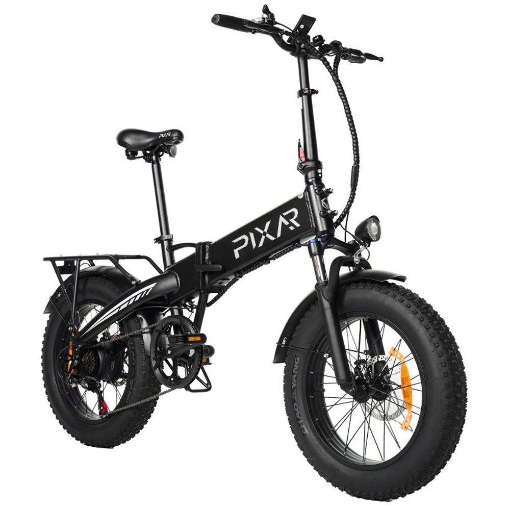 Bicicleta eléctrica plegable negra con neumáticos anchos, portaequipajes y luz.