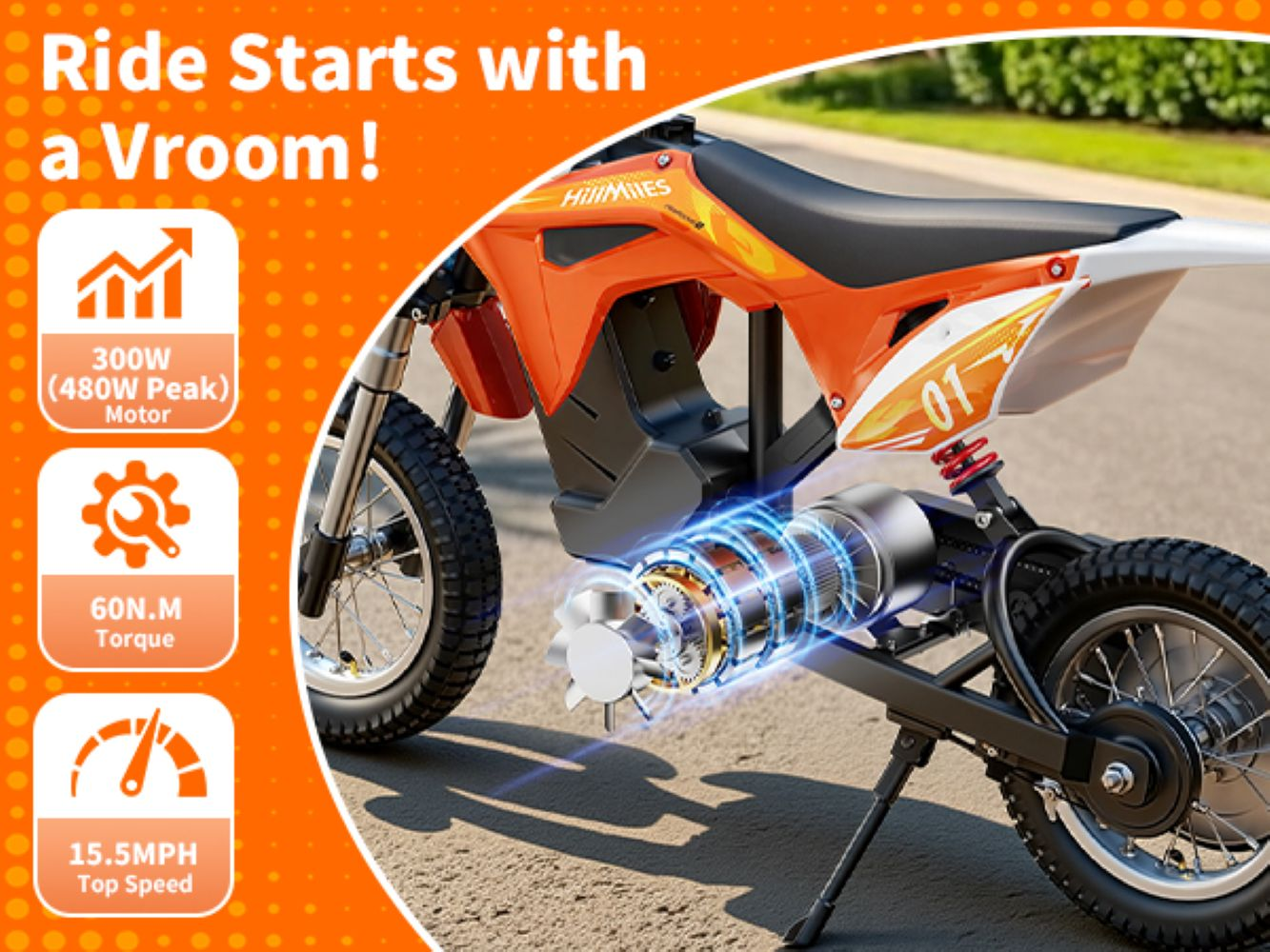 Una motocicleta eléctrica naranja con especificaciones técnicas.