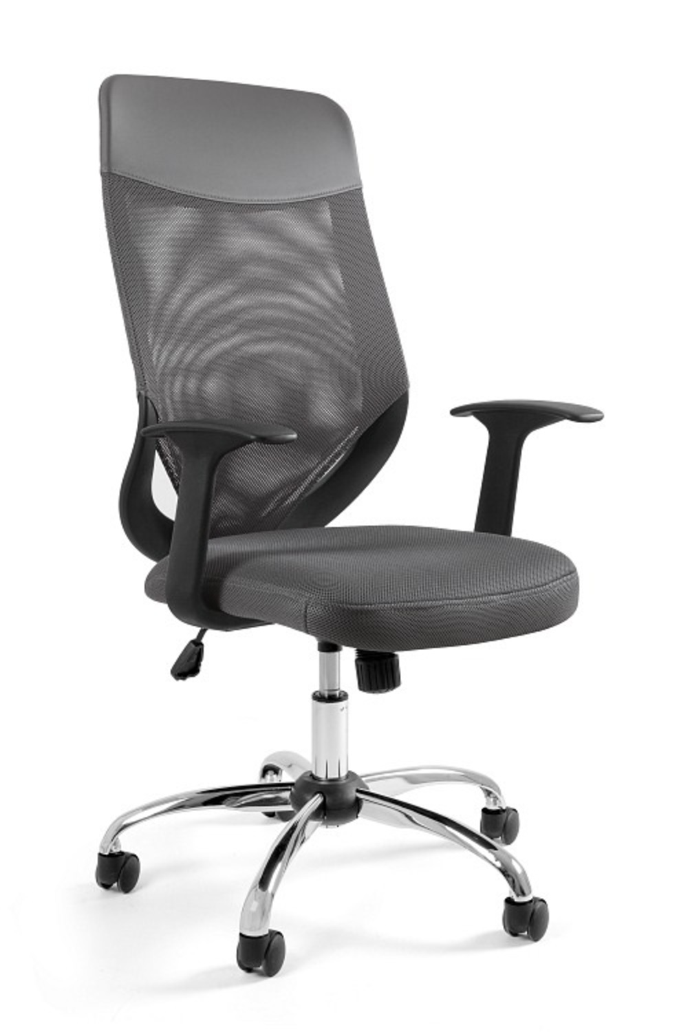 Nowoczesne krzesło biurowe z siatkowym oparciem i tapicerowanym siedziskiem.