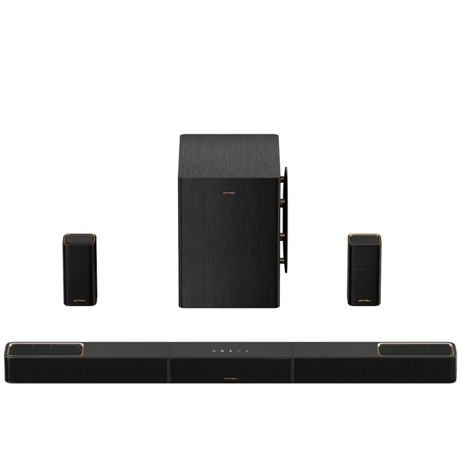 Czarny system audio z subwooferem, soundbarem i dwoma głośnikami satelitarnymi.