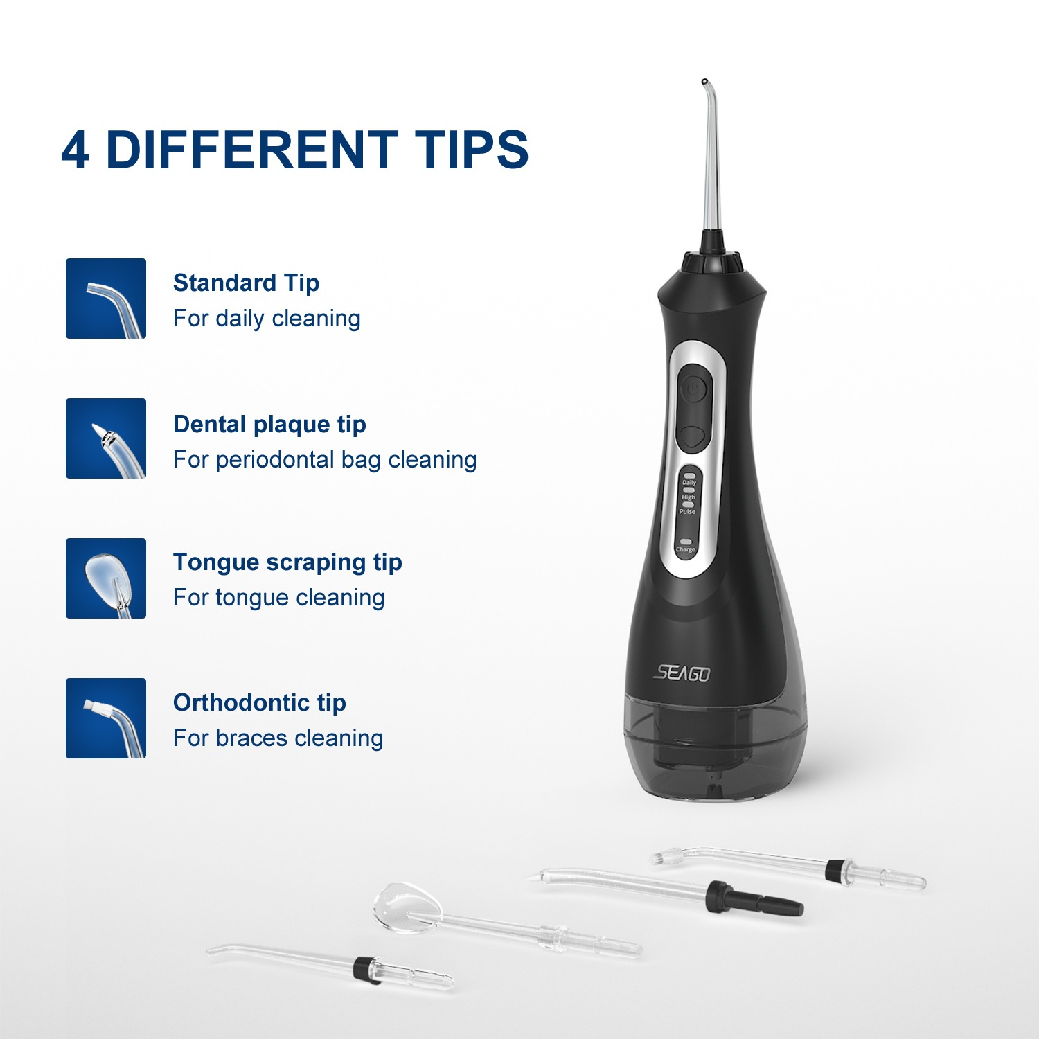 Czarny irygator do ust z czterema różnymi końcówkami do czyszczenia.