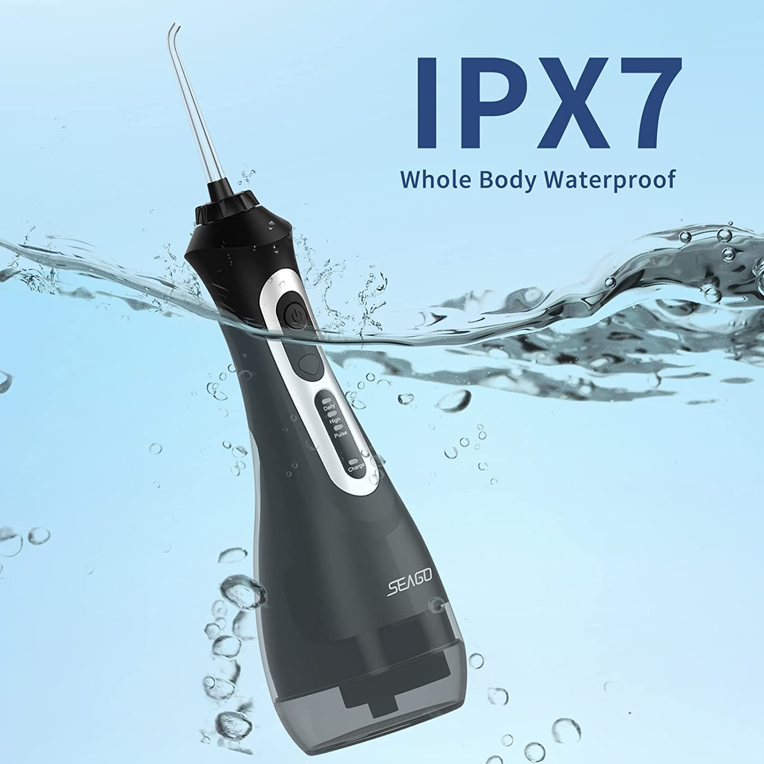 Czarna głowica irygatora zanurzona w wodzie, z napisem "IPX7 Whole Body Waterproof".