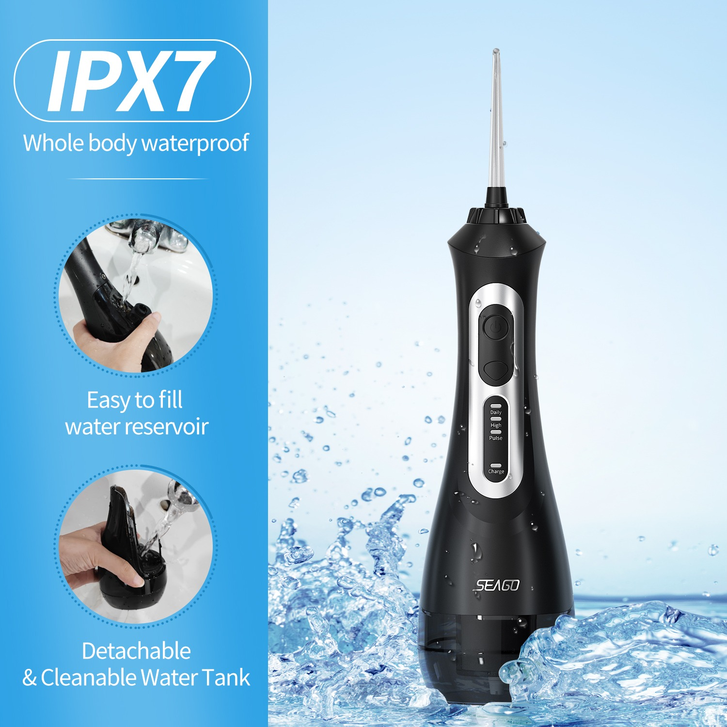 Czarna wodoodporna irygator do ust IPX7 z panelem sterowania i wodą.