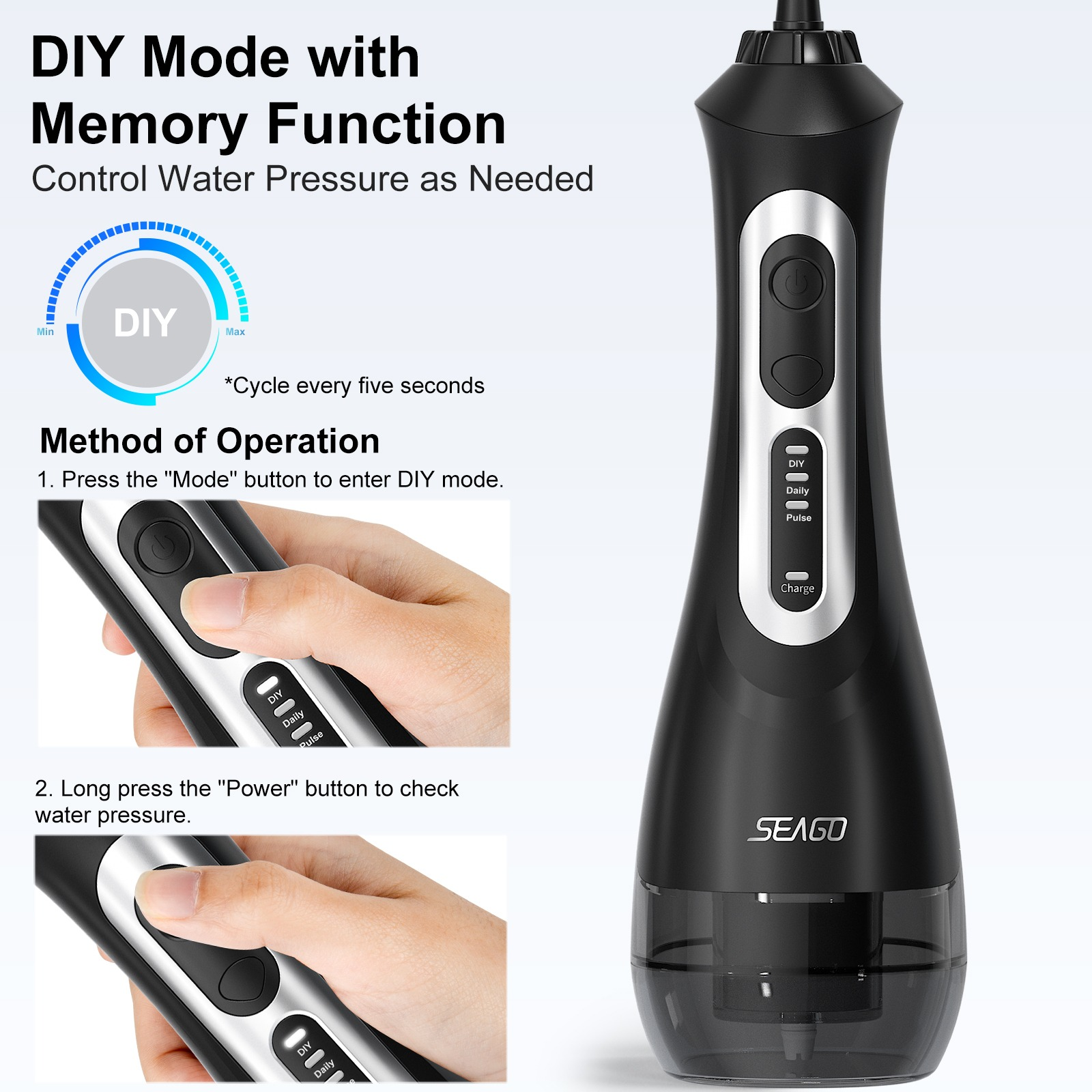 Czarny irygator z srebrnymi akcentami i instrukcją obsługi.