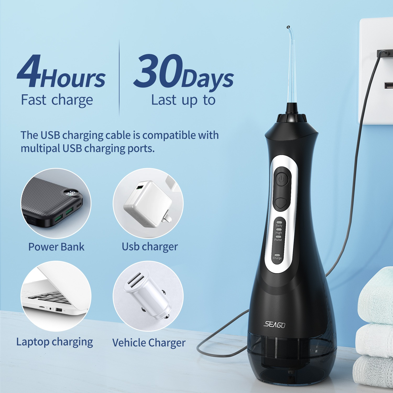 Czarna irygator do ust z różnymi opcjami ładowania.