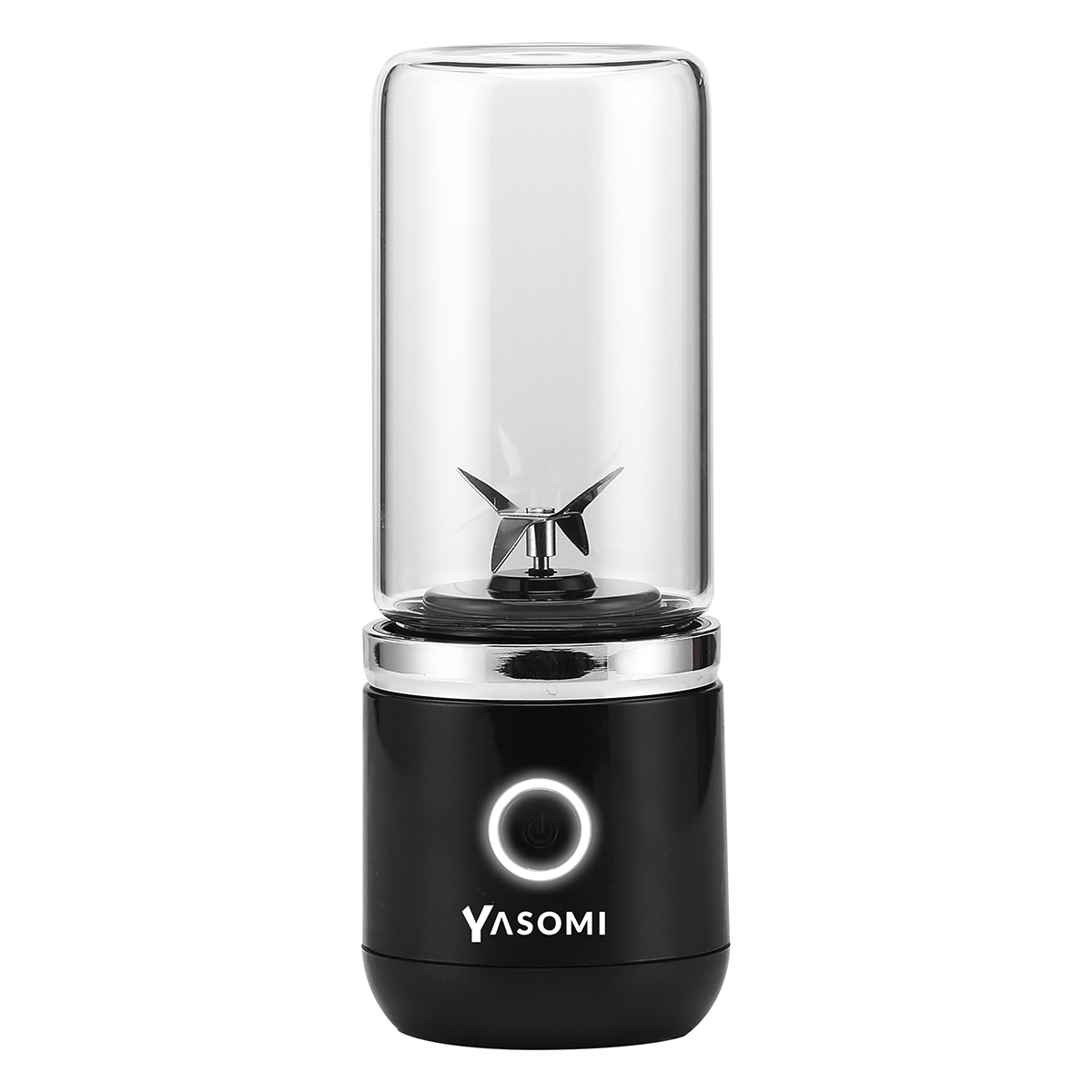 Cam hazne ve gümüş bıçaklı siyah taşınabilir blender.