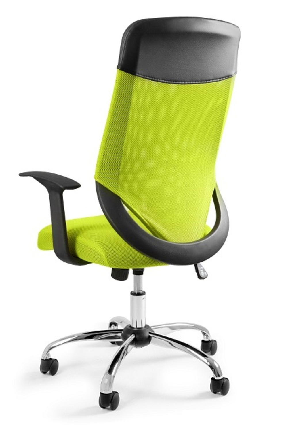 Jasnozielone krzesło biurowe z czarnym zagłówkiem i podłokietnikami na chromowanej podstawie.