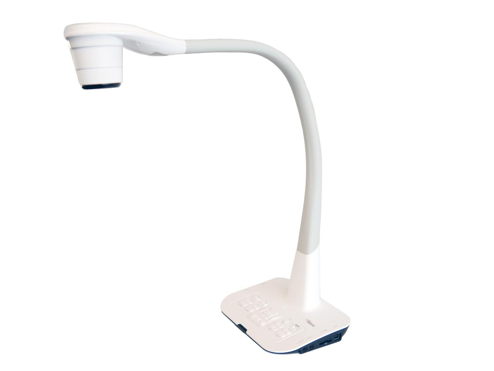 Un supporto per document camera bianco con collo flessibile e pulsanti.