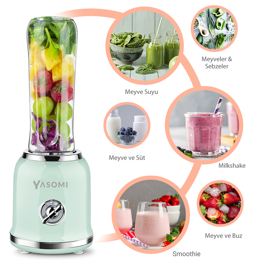 Meyve ve sebzelerle dolu cam haznesi olan açık yeşil blender.