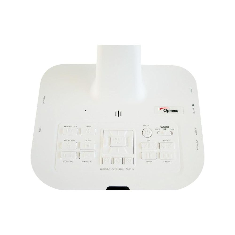 Un proiettore bianco con pulsanti di controllo e logo Optoma.