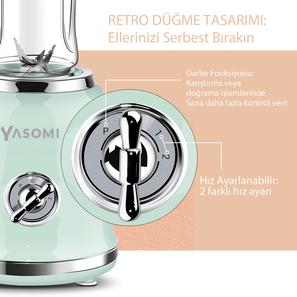Retro kadranlı, iki hız ayarlı, nane yeşili bir blender.