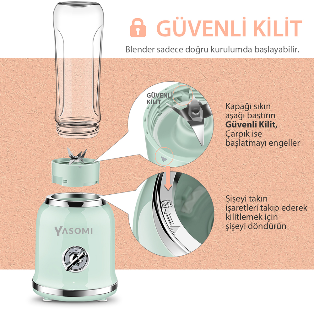 Mint yeşili blender, cam hazne, bıçak ünitesi ve tabanıyla. Yakın çekimler güvenlik kilidini gösteriyor.