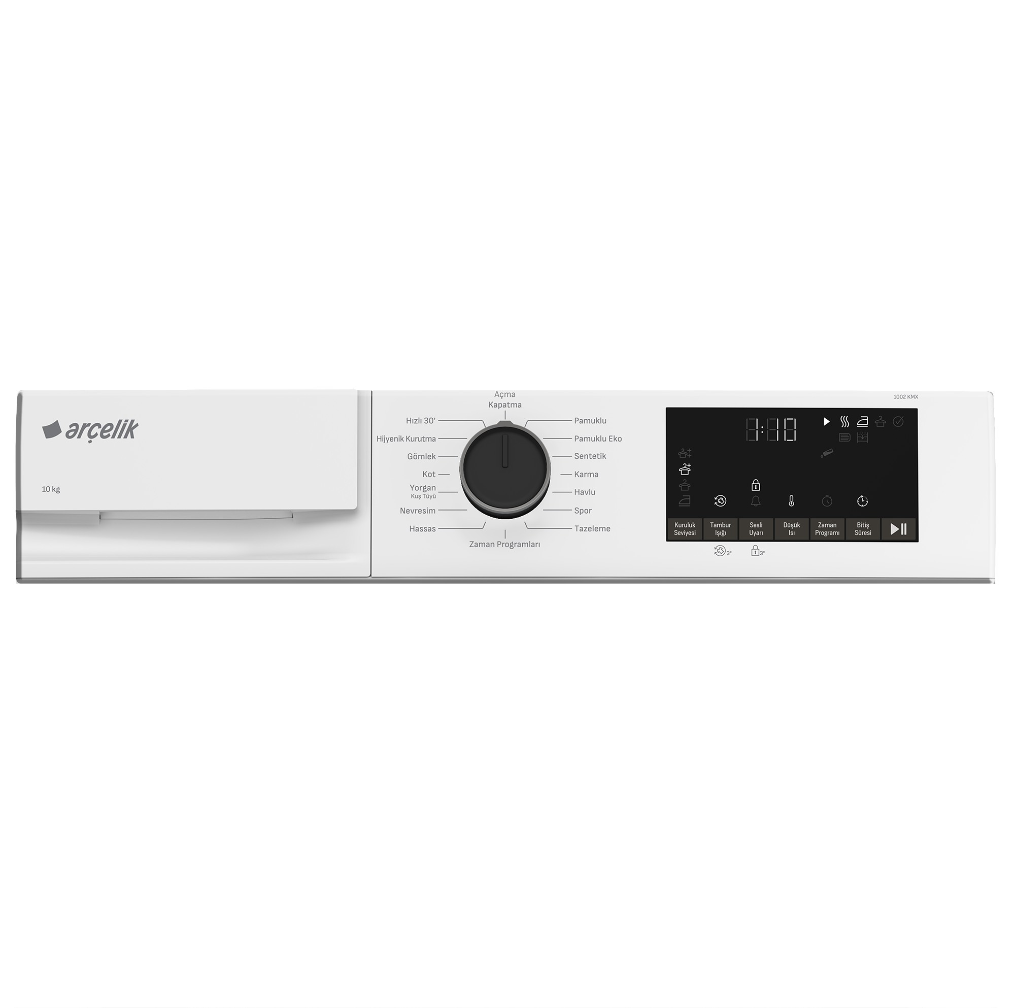 Dijital kontrol panelli ve program seçme düğmeli beyaz çamaşır makinesi.