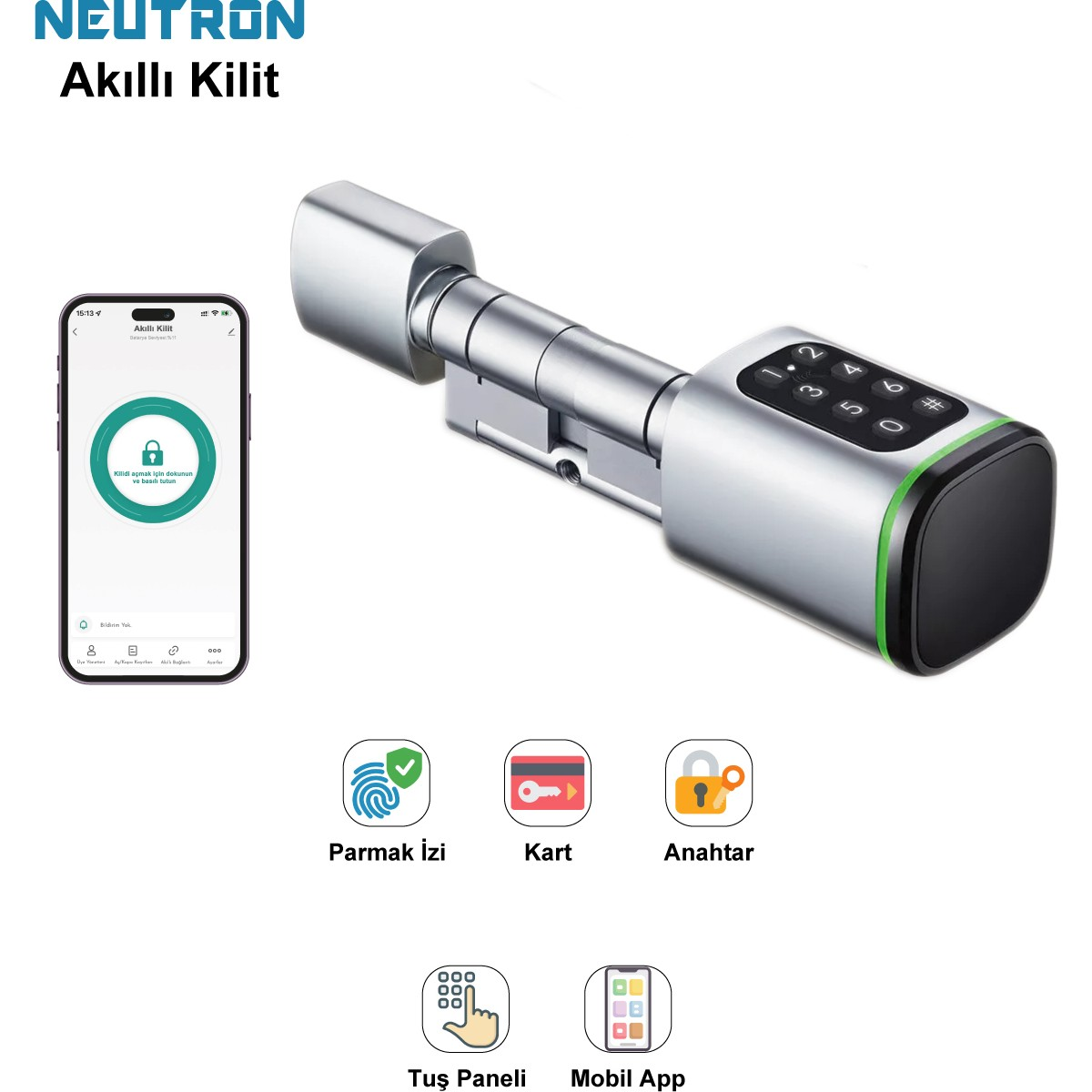 Akıllı telefon kilit ekranı gösteriyor. Yanında dijital tuşlu gümüş renkli kilit.