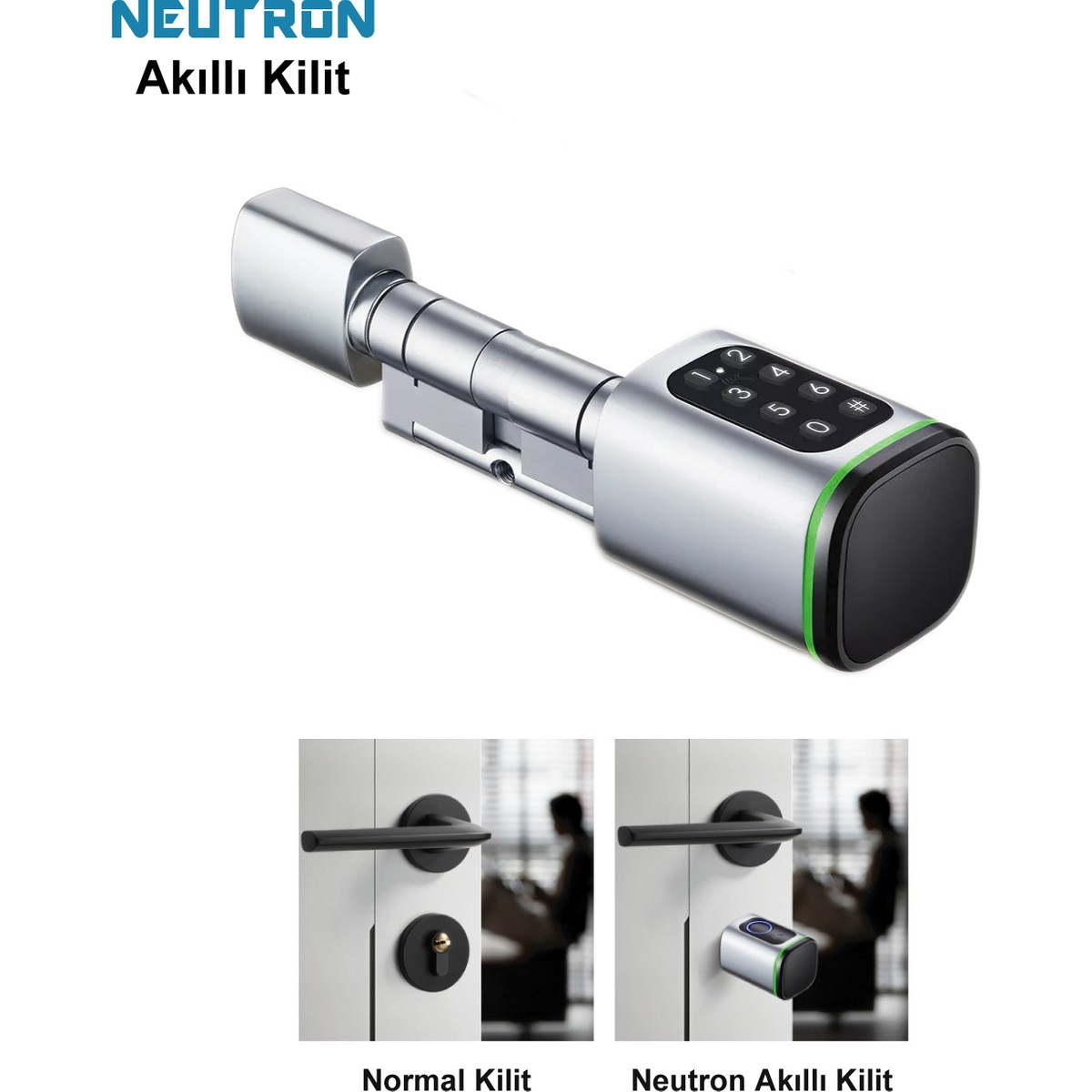 Tuş takımı ve parmak izi sensörlü gümüş akıllı kilit.