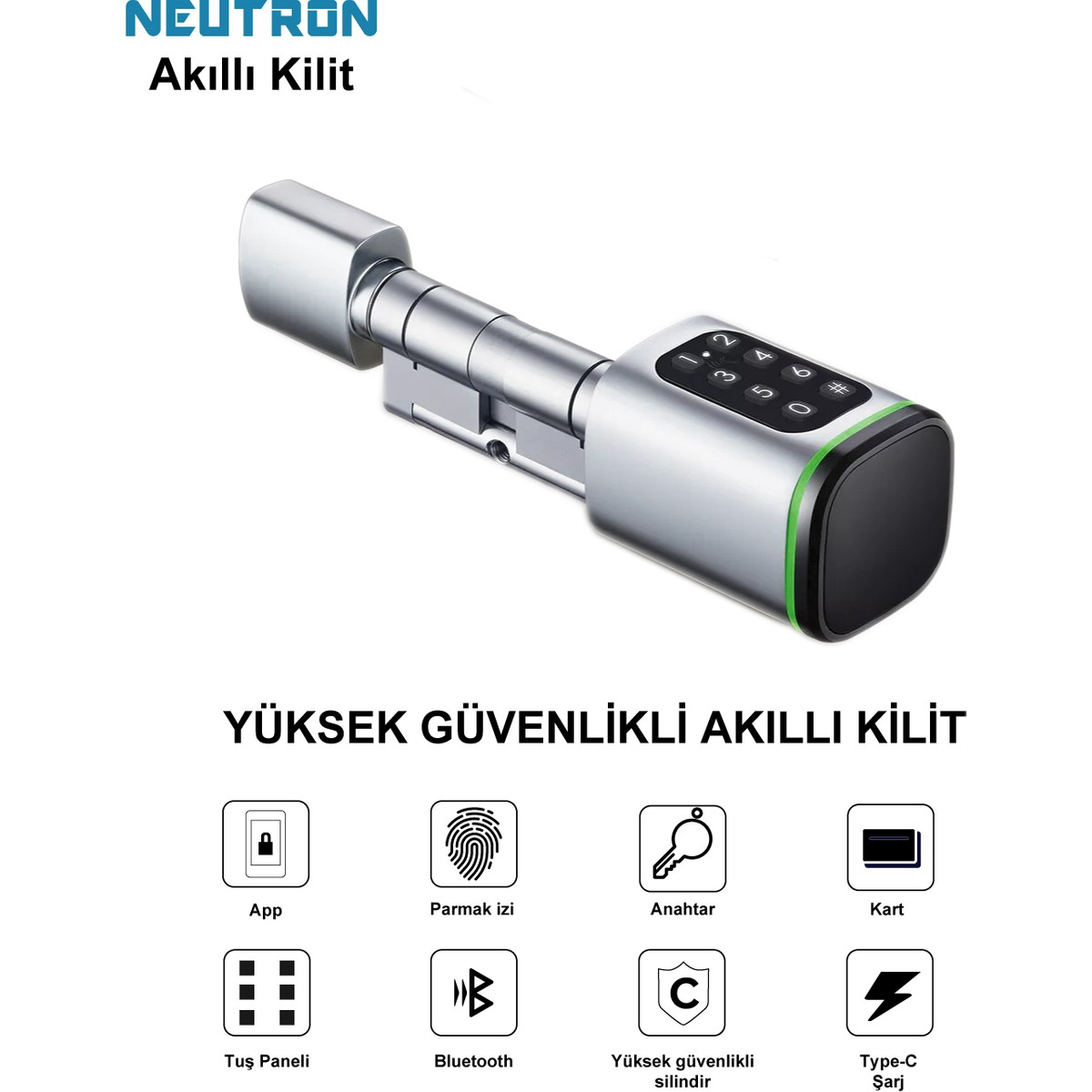 Tuş takımı, parmak izi sensörü, anahtar ve şarj portlu gümüş akıllı kilit.