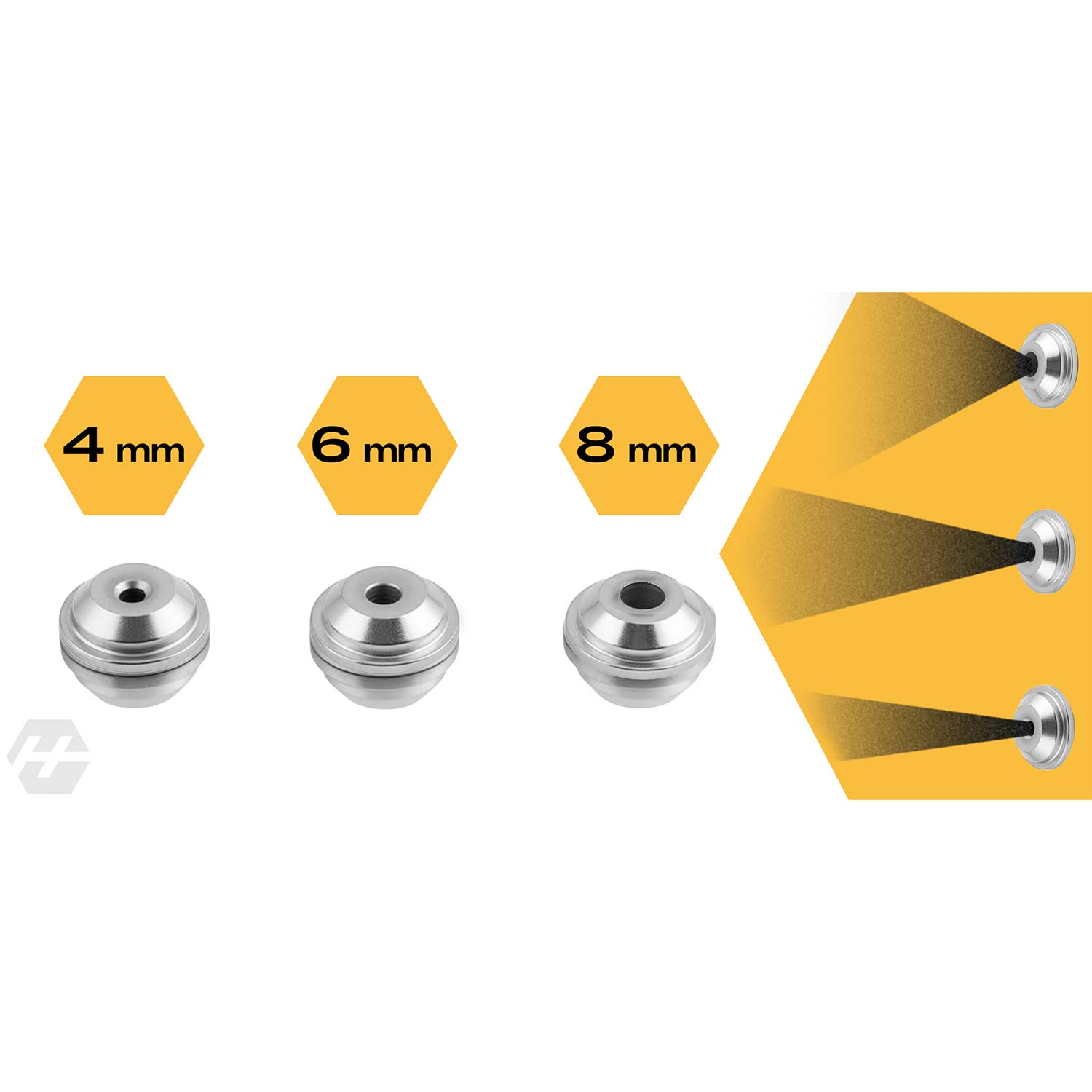 Trzy dysze z oznaczeniami rozmiarów 4, 6, 8 mm i wzorami natrysku.